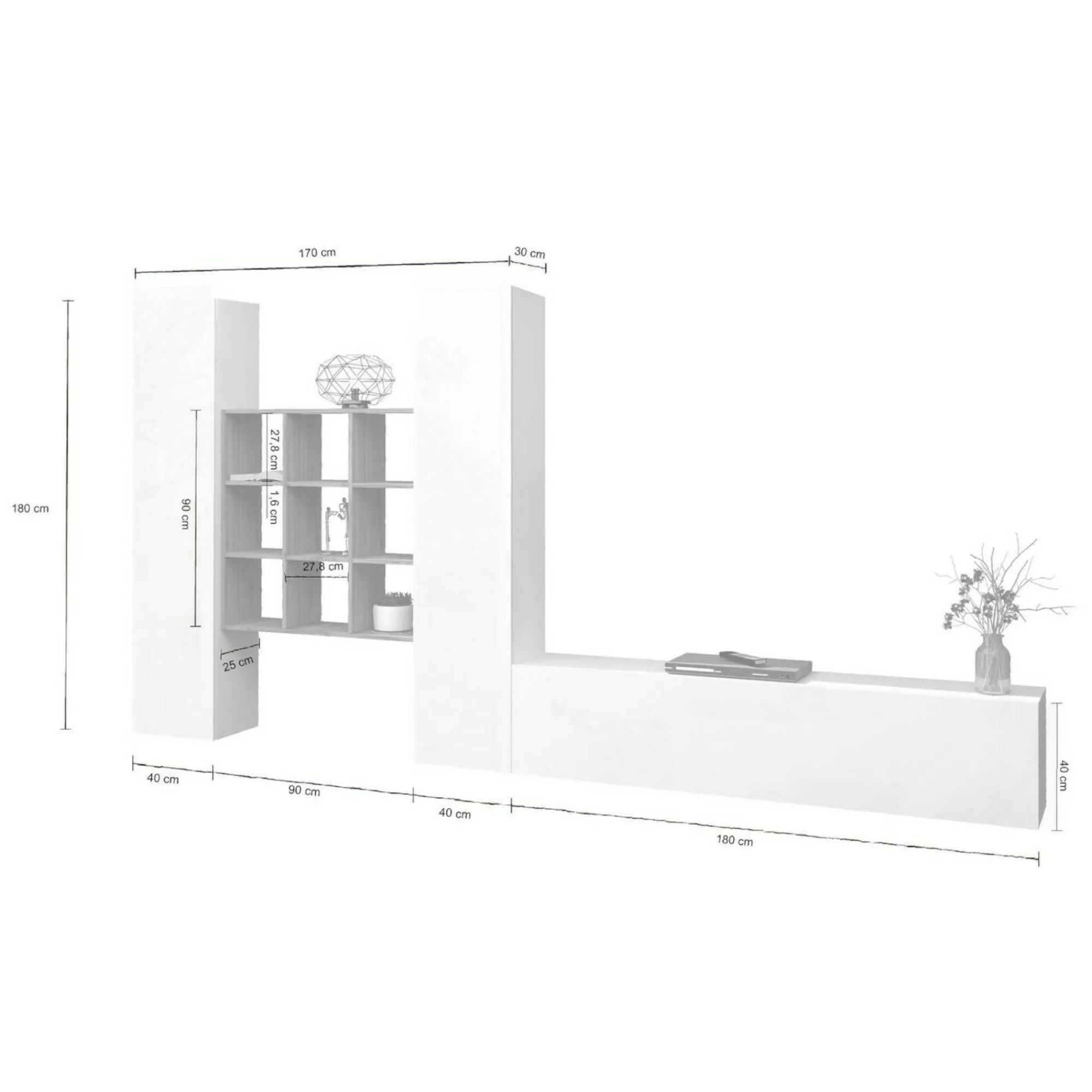 Parete attrezzata Genoveffa, cm 270x30h180, Bianco lucido e Acero<Dmora Online