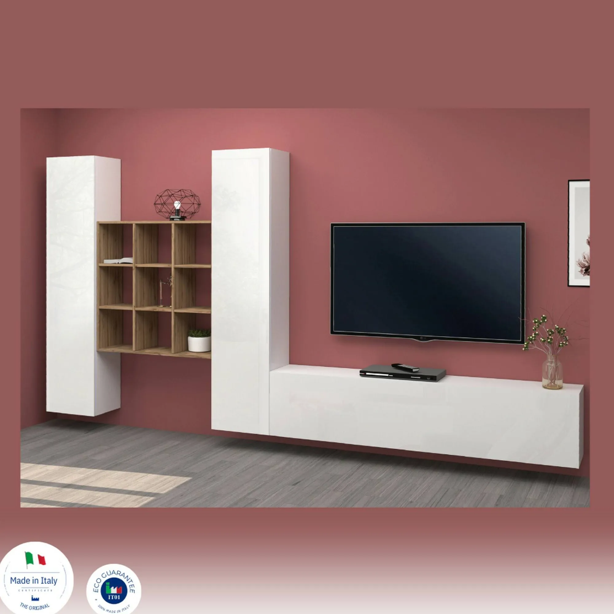 Parete attrezzata Genoveffa, cm 270x30h180, Bianco lucido e Acero<Dmora Online