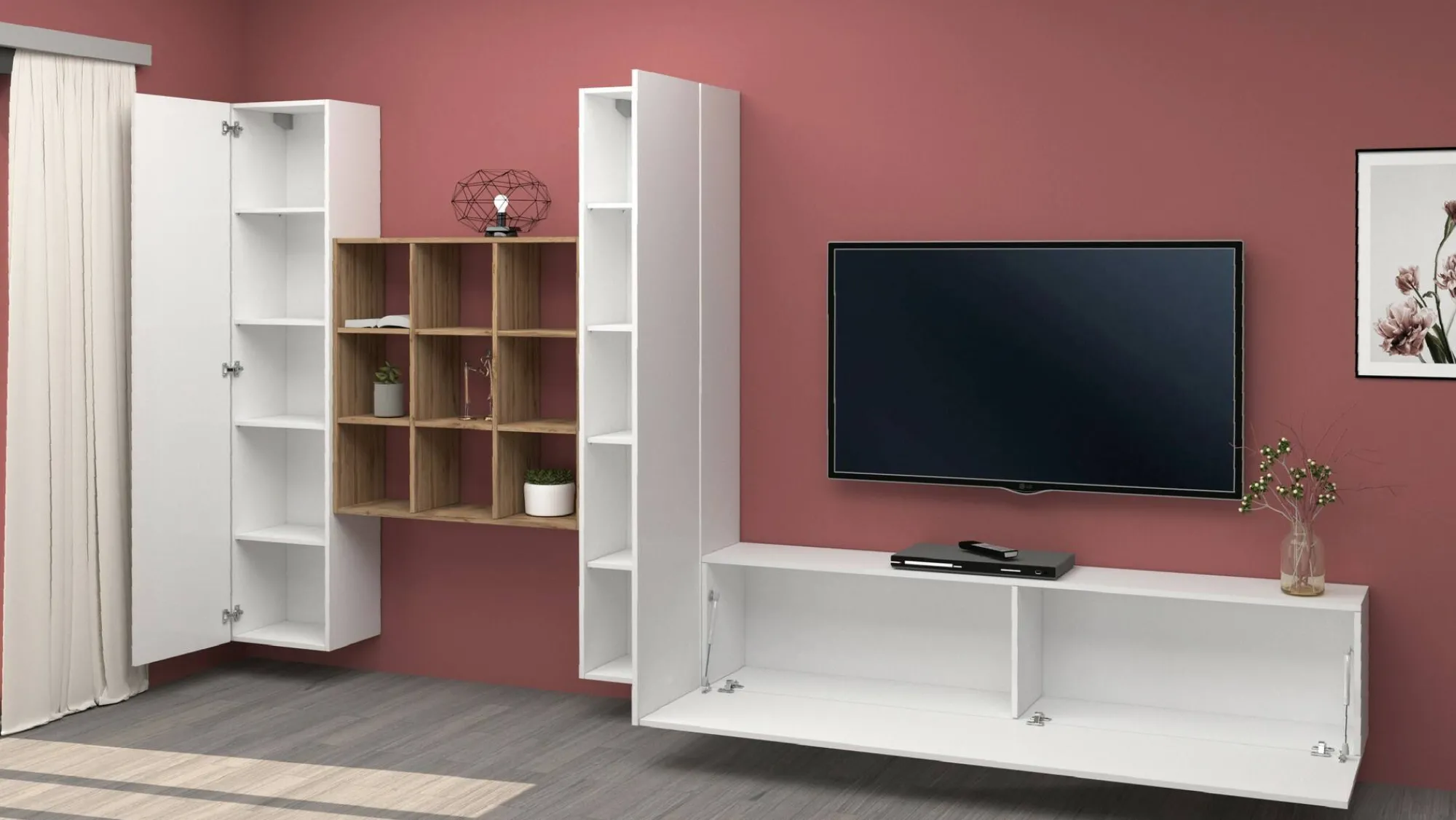 Parete attrezzata Genoveffa, cm 270x30h180, Bianco lucido e Acero<Dmora Online