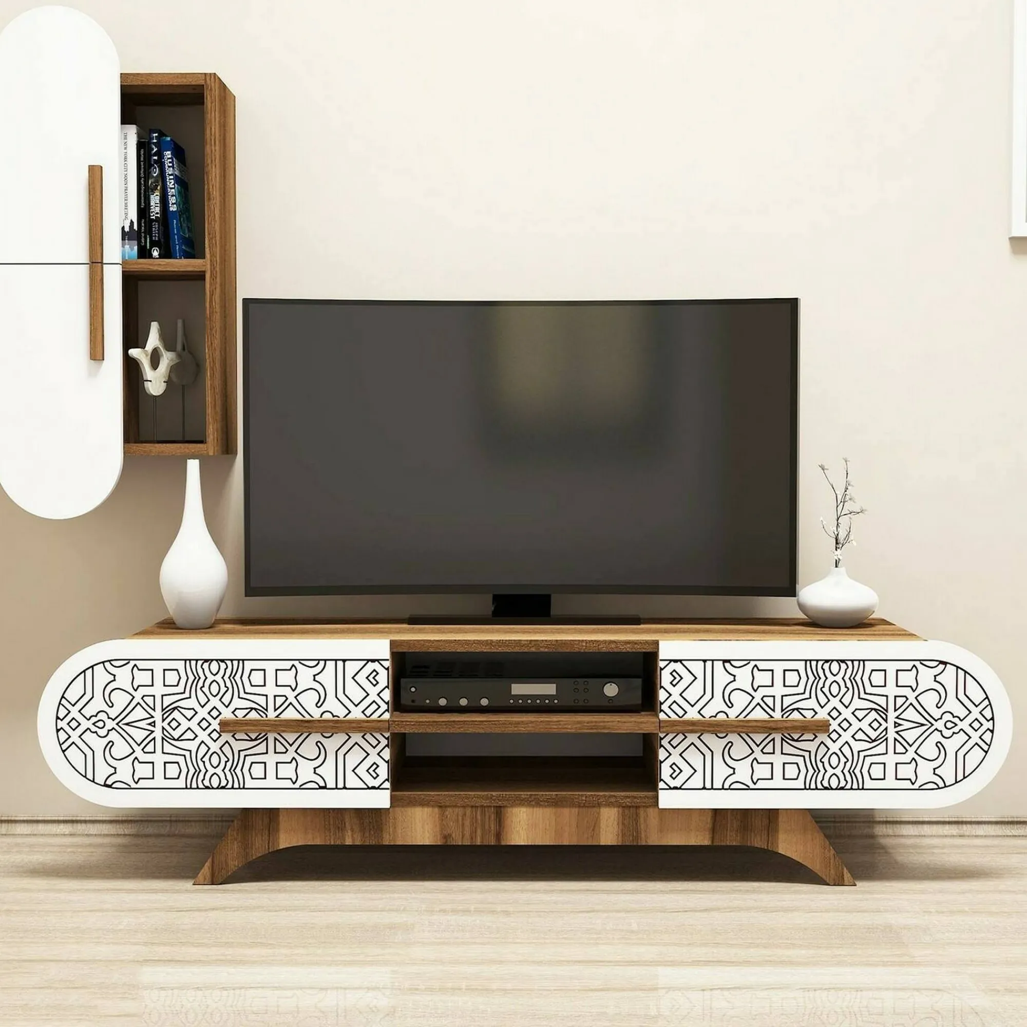 Parete attrezzata Gilberta, 145x35h37 cm, Noce e Bianco<Dmora Flash Sale