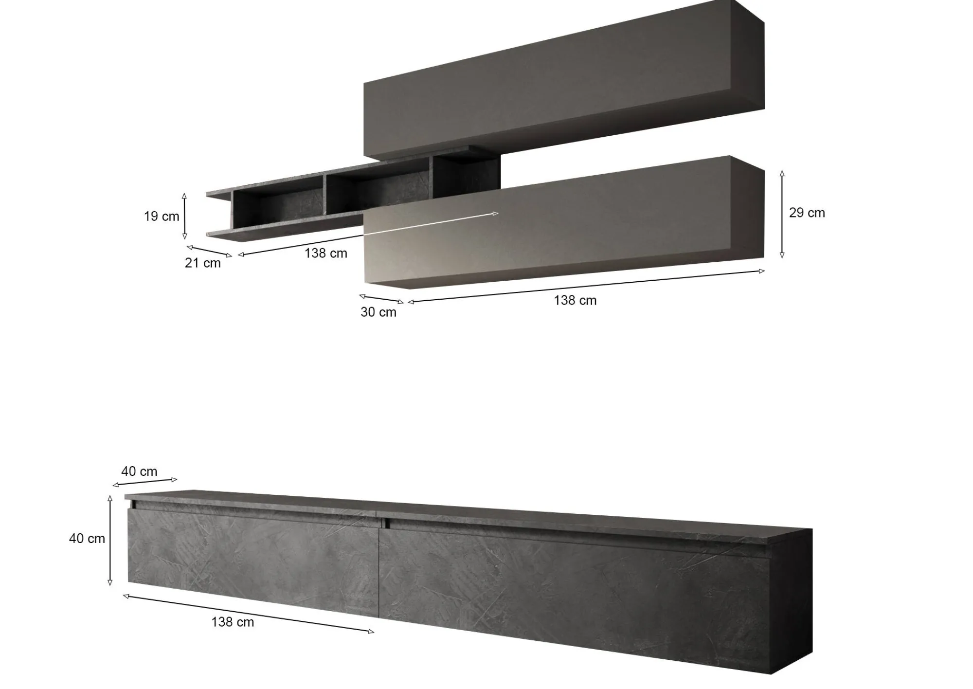 Parete attrezzata Gilma, 276x40 h190 cm, Ardesia e Grigio scuro<Dmora Outlet