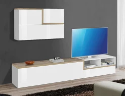 Parete attrezzata Granato, cm 240x40h180, Bianco lucido e Acero<Dmora Cheap
