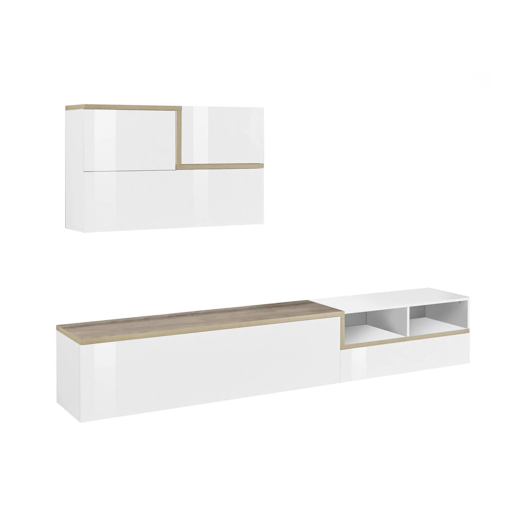 Parete attrezzata Granato, cm 240x40h180, Bianco lucido e Acero<Dmora Cheap
