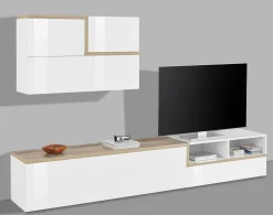 Parete attrezzata Granato, cm 240x40h180, Bianco lucido e Acero<Dmora Cheap