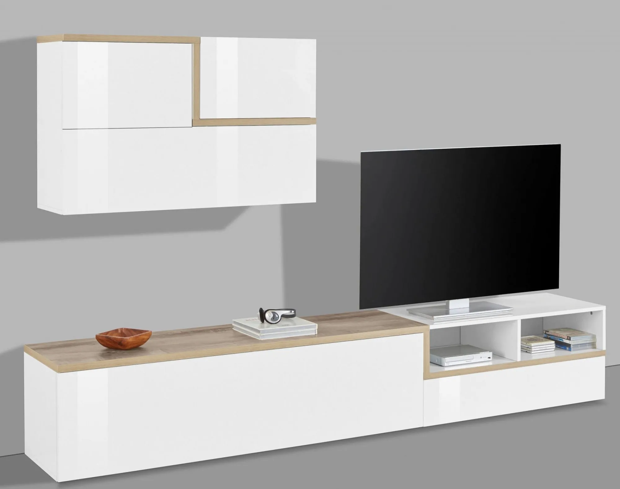 Parete attrezzata Granato, cm 240x40h180, Bianco lucido e Acero<Dmora Cheap