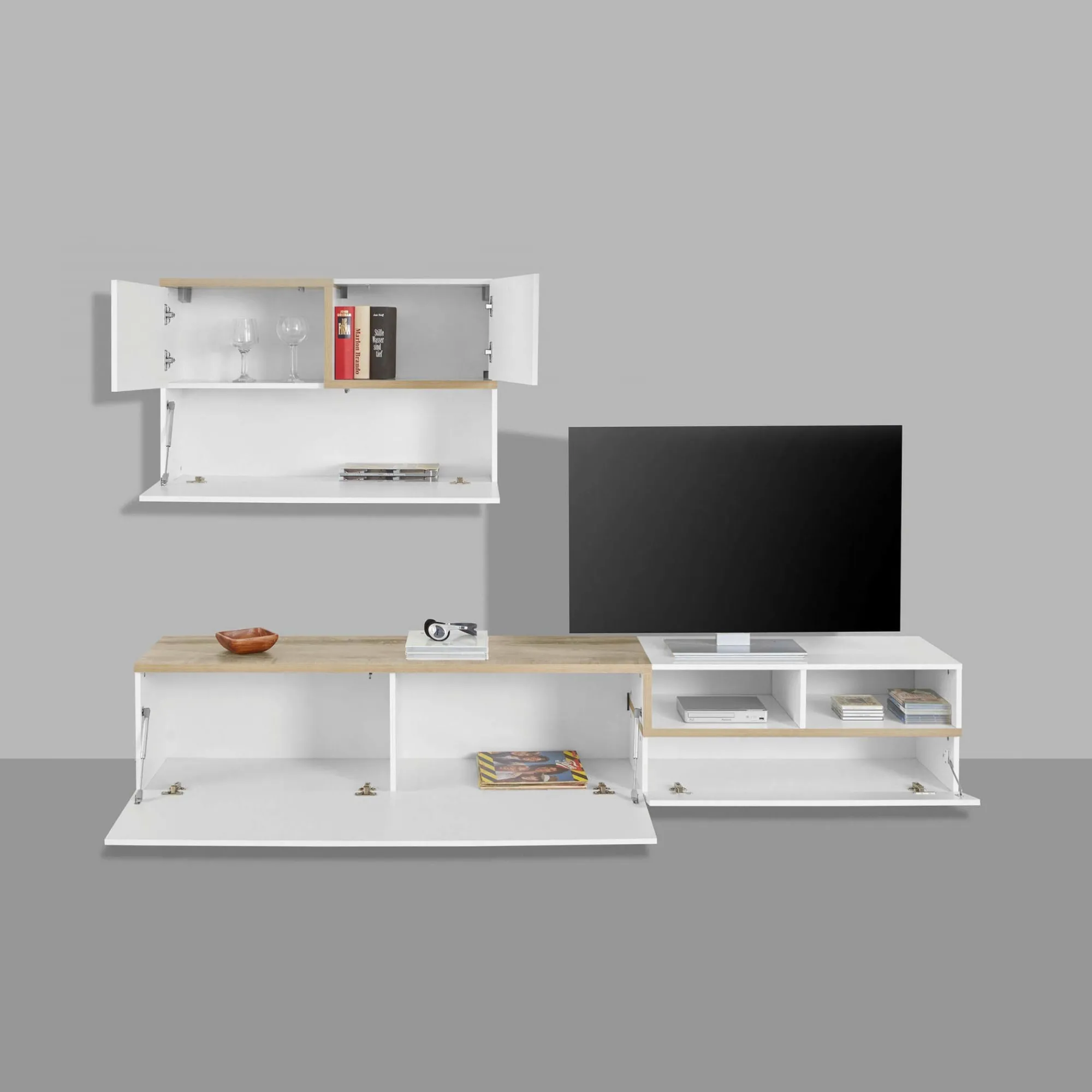 Parete attrezzata Granato, cm 240x40h180, Bianco lucido e Acero<Dmora Cheap