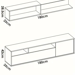 Parete attrezzata Jelawat, 180x35 h44 cm, Bianco e Rovere<Dmora New