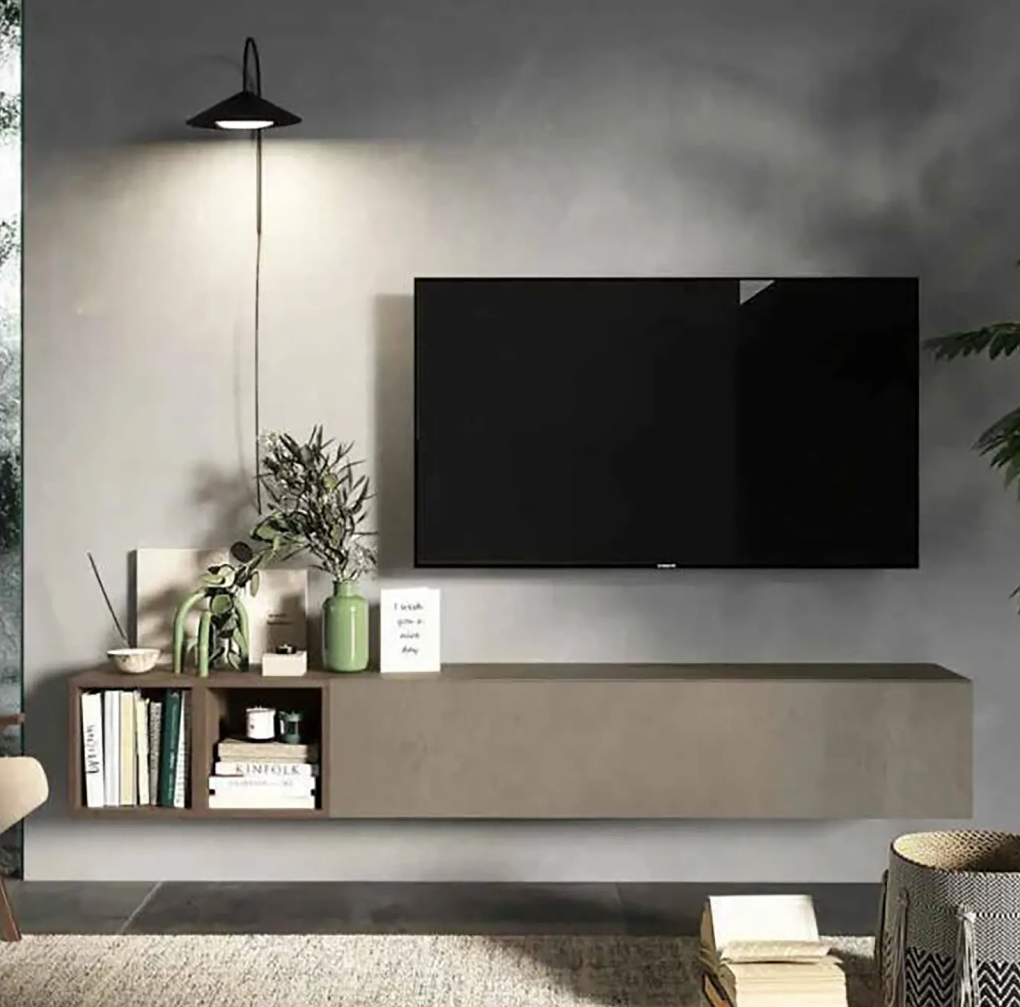 Parete attrezzata Koguma, 194x30 h29 cm, Noce e Grigio<Dmora Clearance