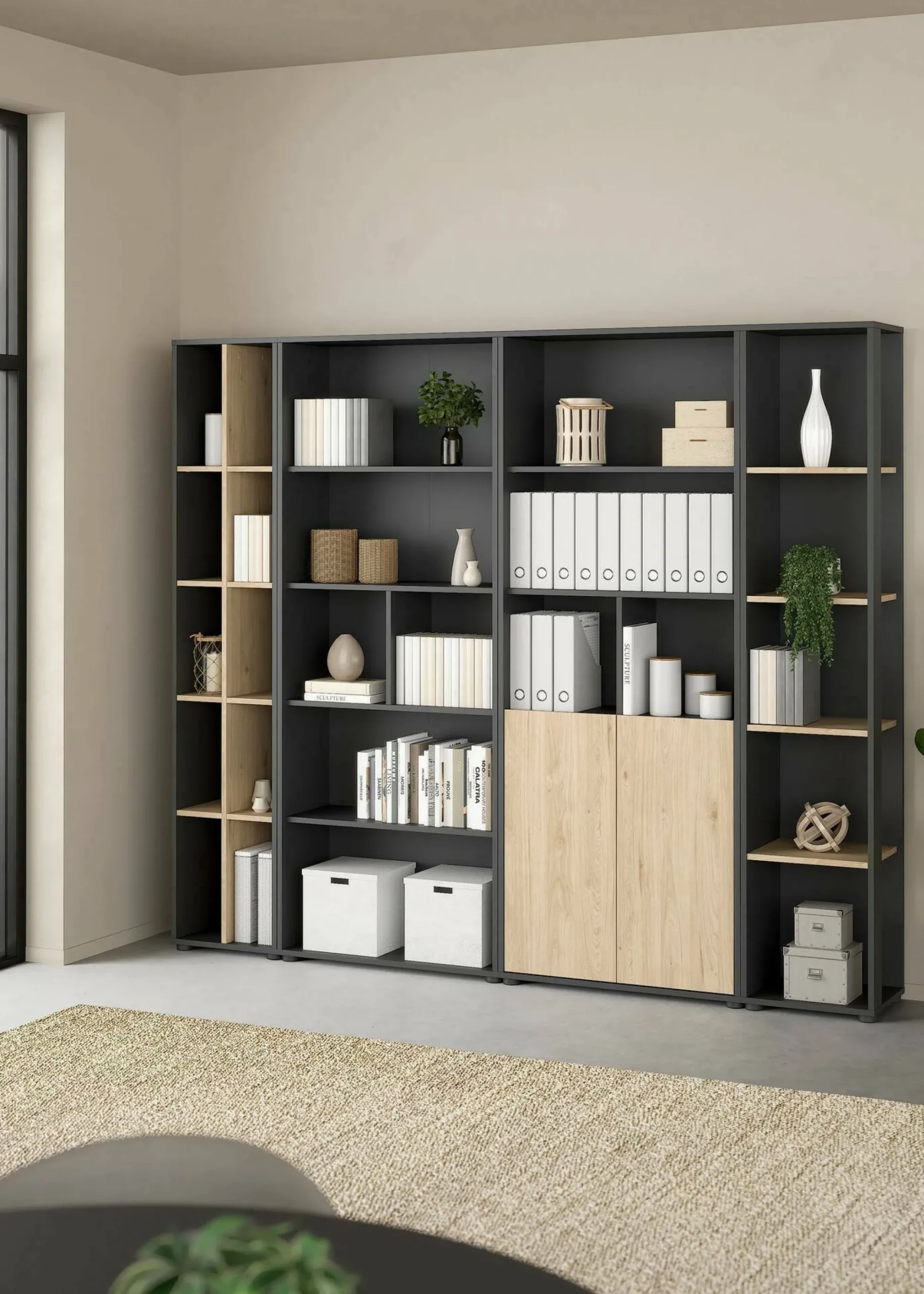 Parete attrezzata Litvjak, 34x241 h205 cm, Rovere e Grigio<Dmora New