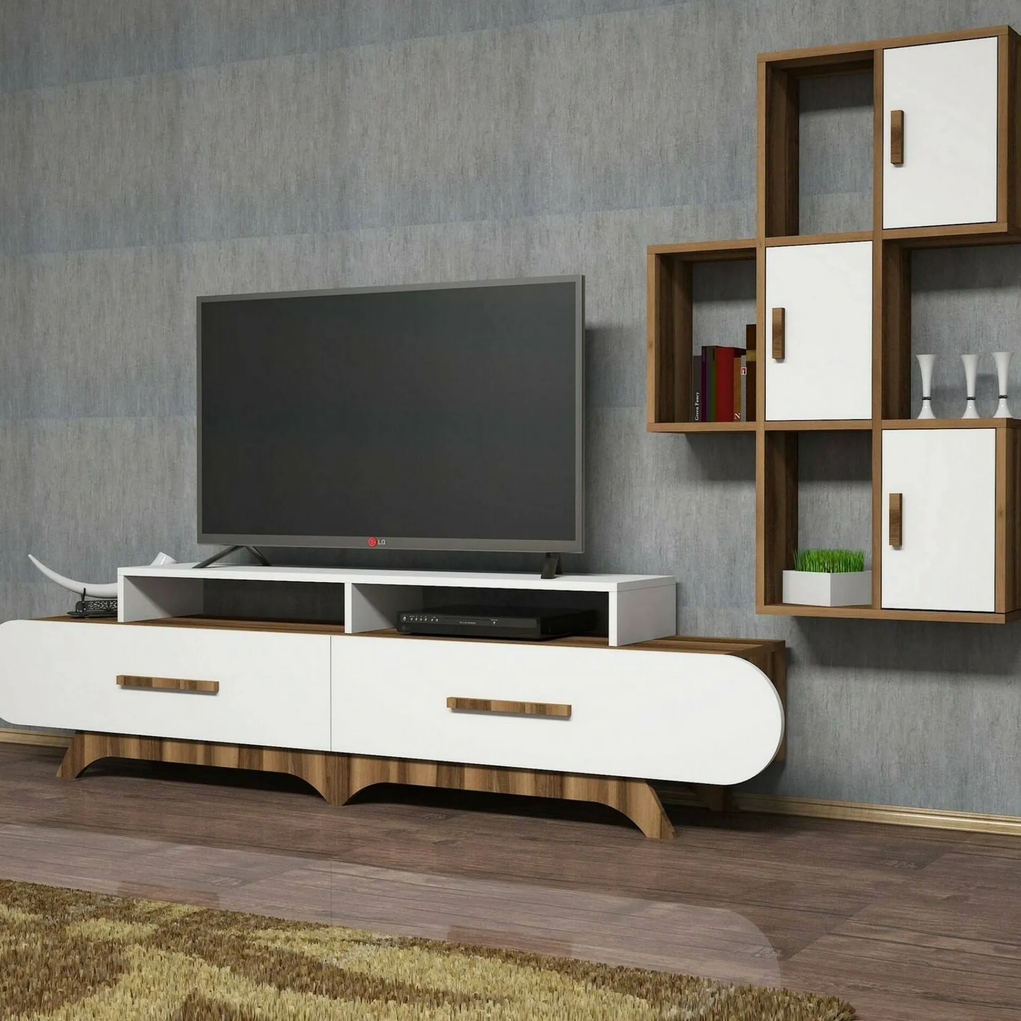 Parete attrezzata Lupo, 205x37h50 cm, Noce e Bianco<Dmora Fashion