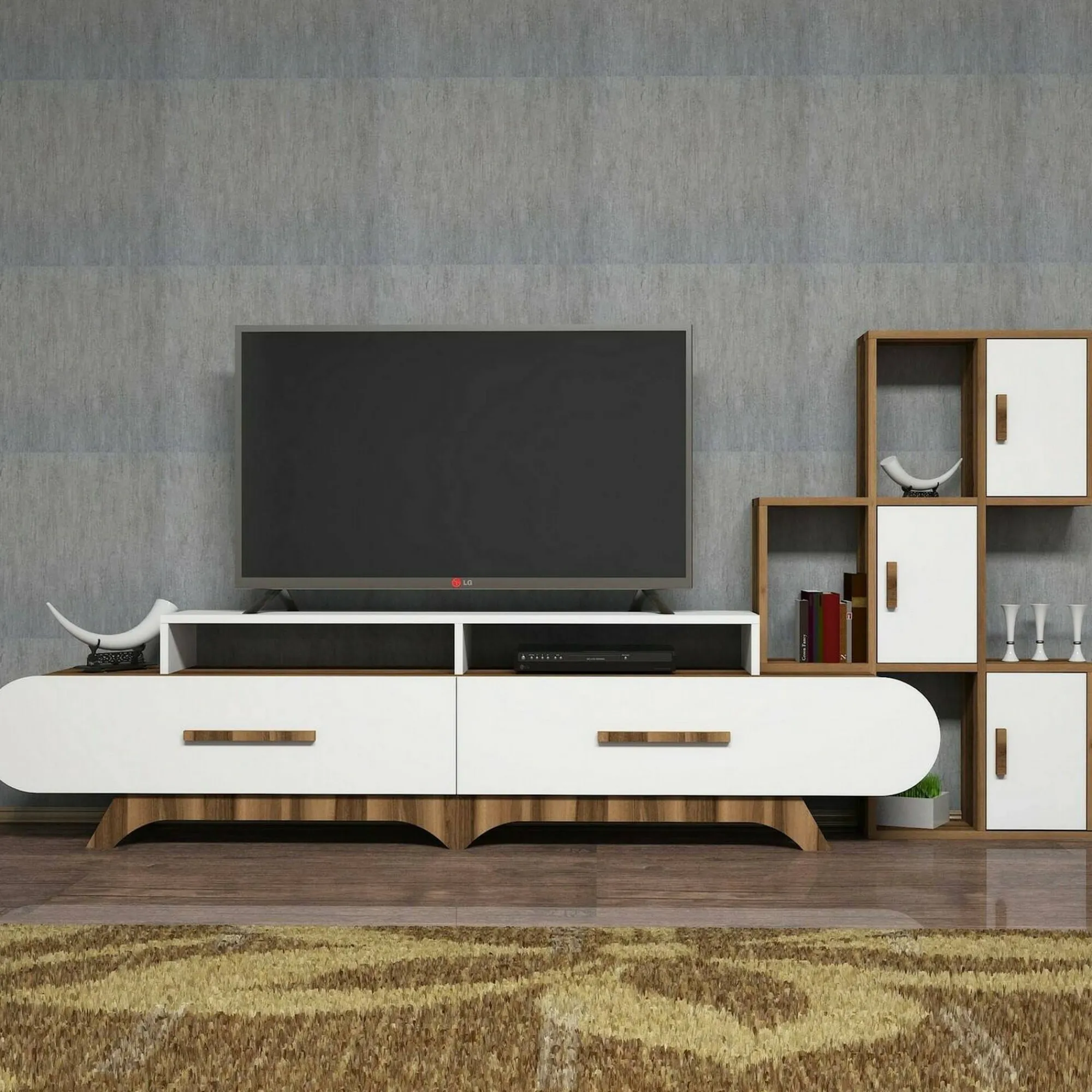 Parete attrezzata Lupo, 205x37h50 cm, Noce e Bianco<Dmora Fashion