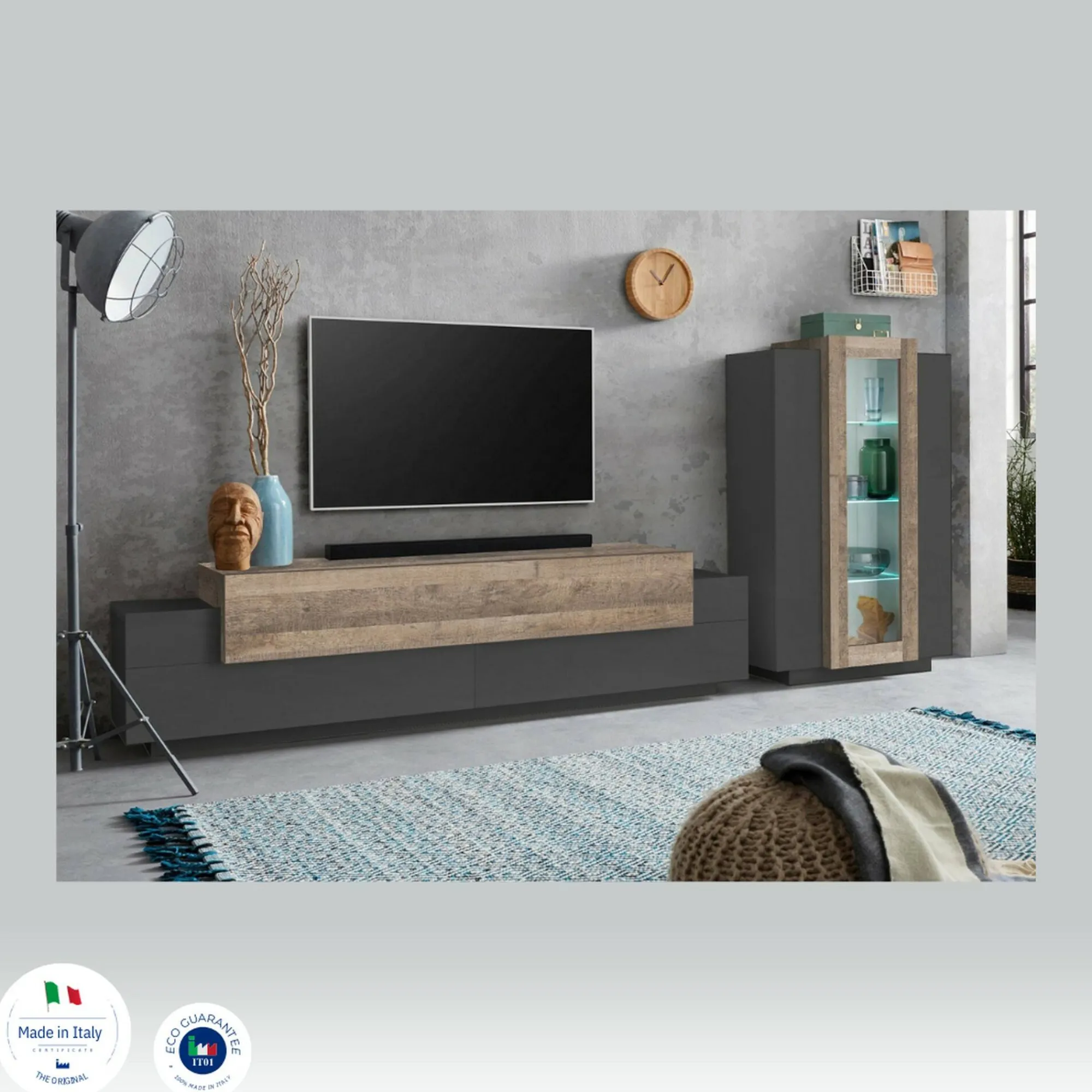 Parete attrezzata Maja, cm 280x45h120, Antracite e Rovere<Dmora Store