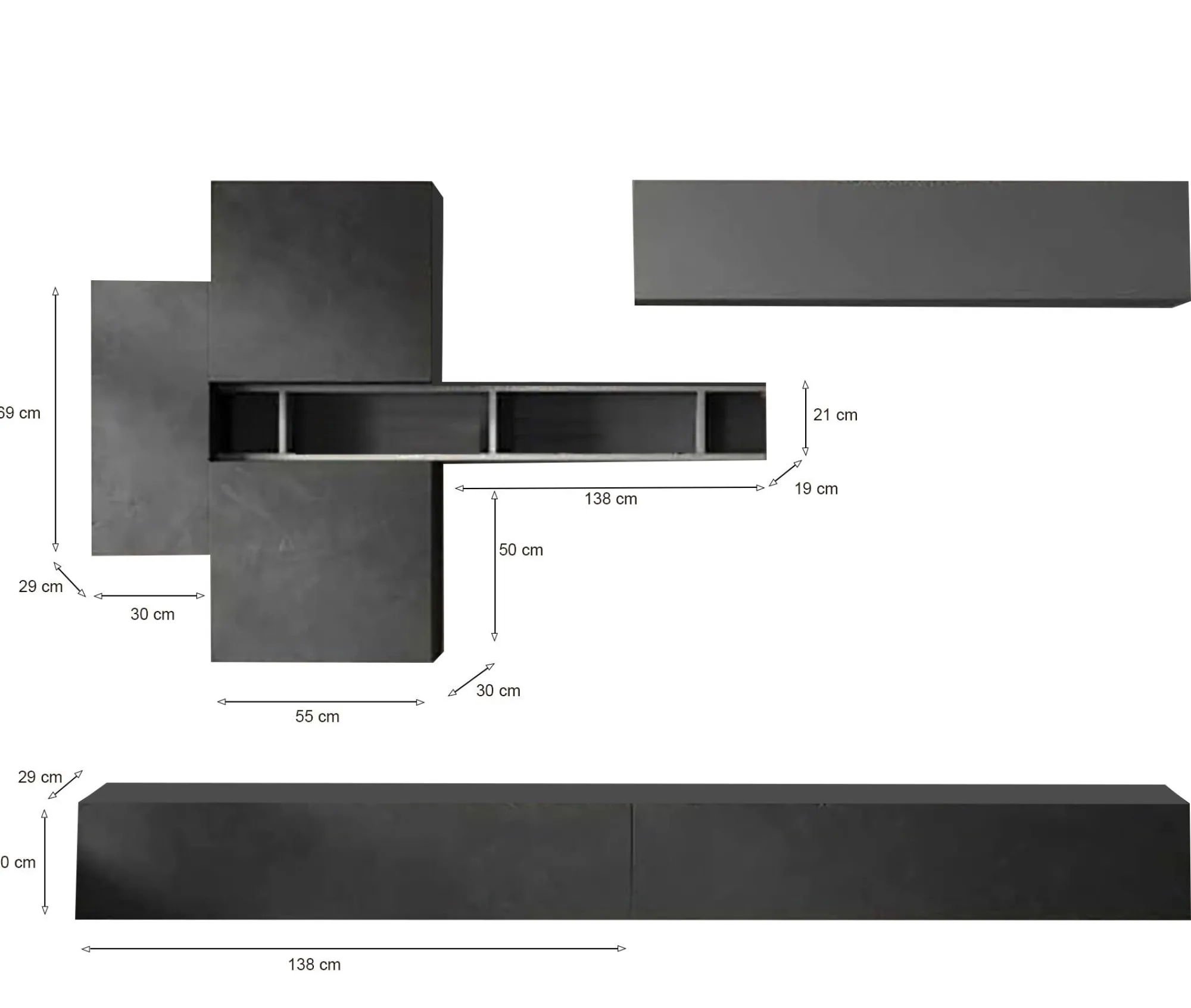 Parete attrezzata Nate, 276x30 h210 cm, Ardesia e Grigio scuro<Dmora Cheap