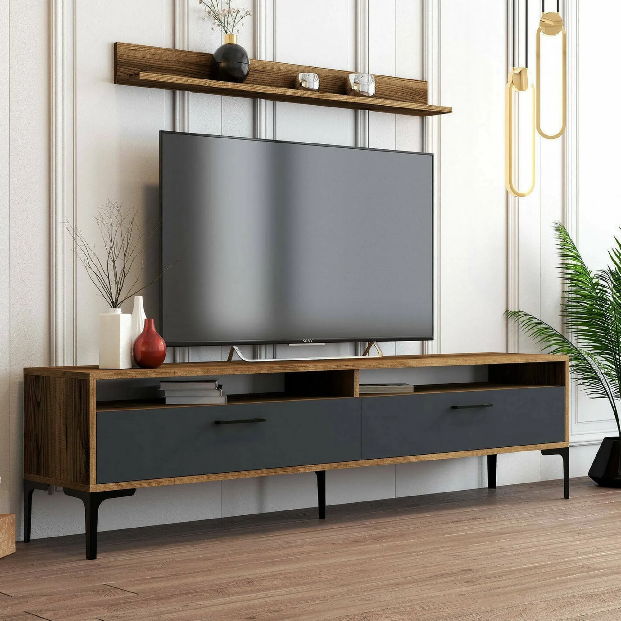 Parete attrezzata Oho, 180x35h47 cm, Noce e Antracite<Dmora Hot