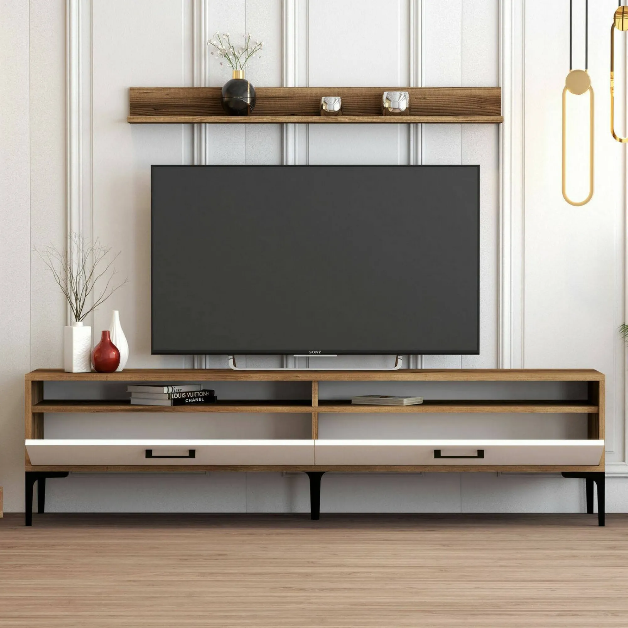 Parete attrezzata Oho, 180x35h47 cm, Noce e Bianco<Dmora Clearance
