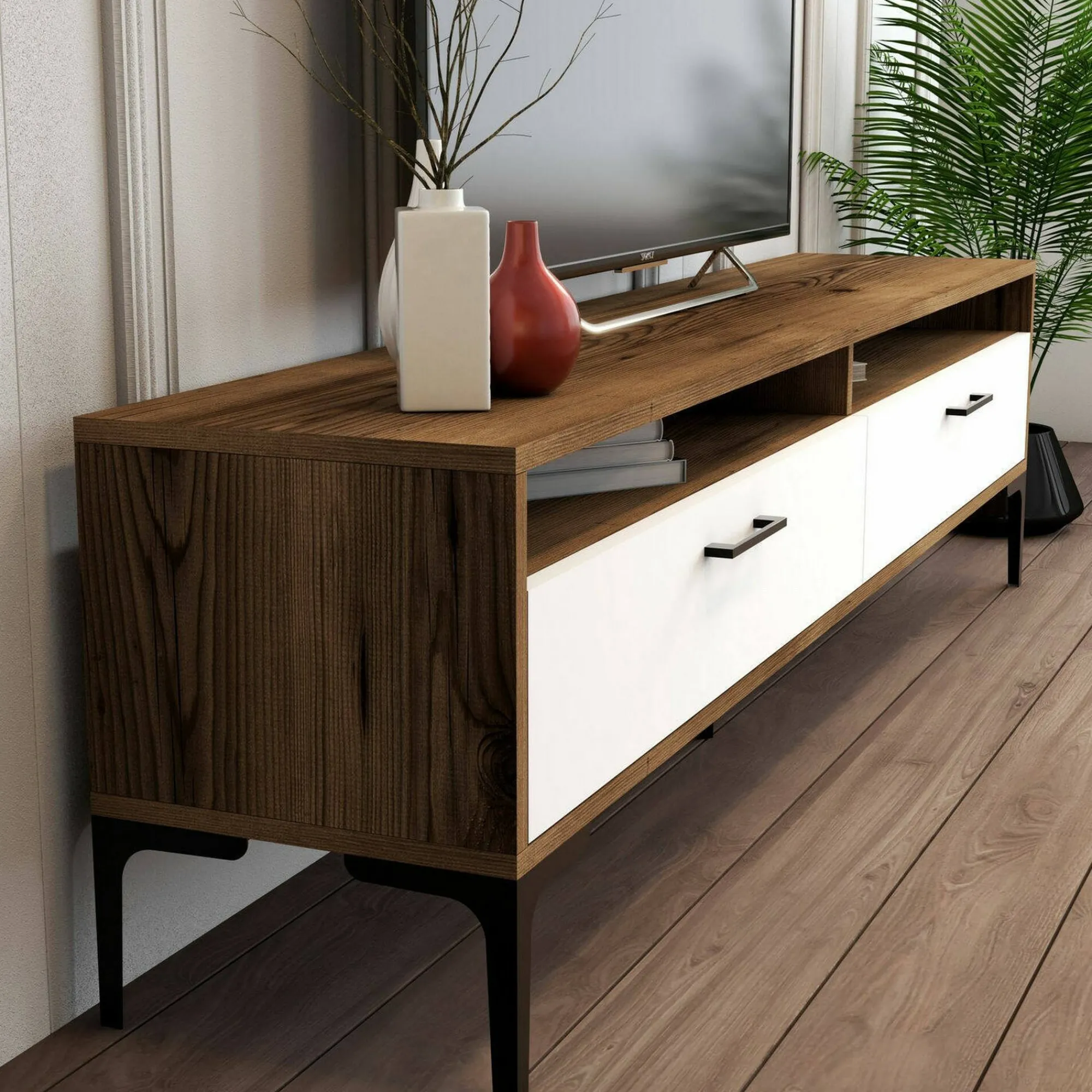 Parete attrezzata Oho, 180x35h47 cm, Noce e Bianco<Dmora Clearance