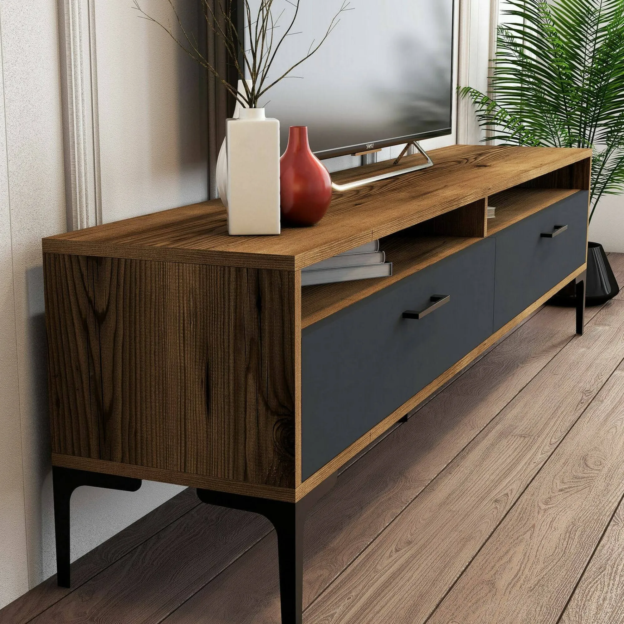 Parete attrezzata Oho, 180x35h47 cm, Noce e Antracite<Dmora Hot