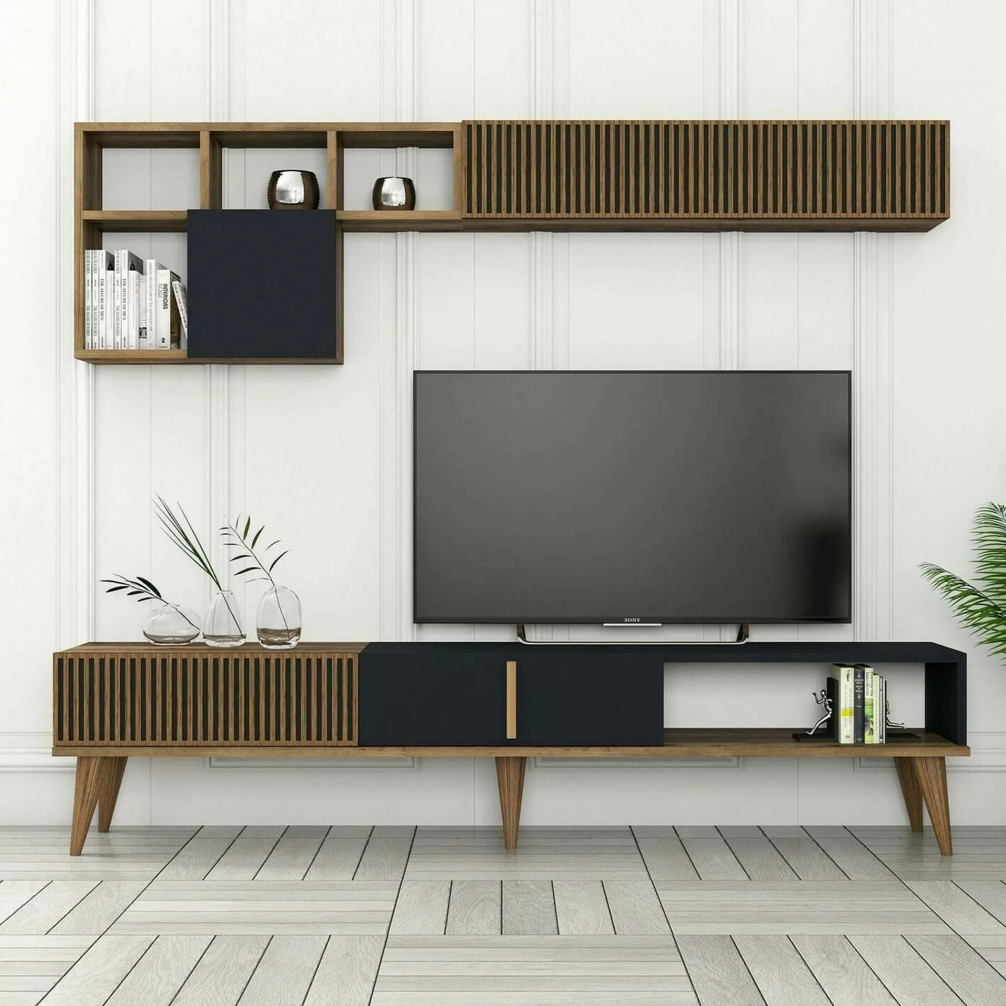 Parete attrezzata Ostro, 180x35h40 cm, Noce e Antracite<Dmora Discount