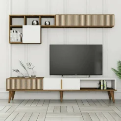 Parete attrezzata Ostro, 180x35h40 cm, Noce e Bianco<Dmora Online