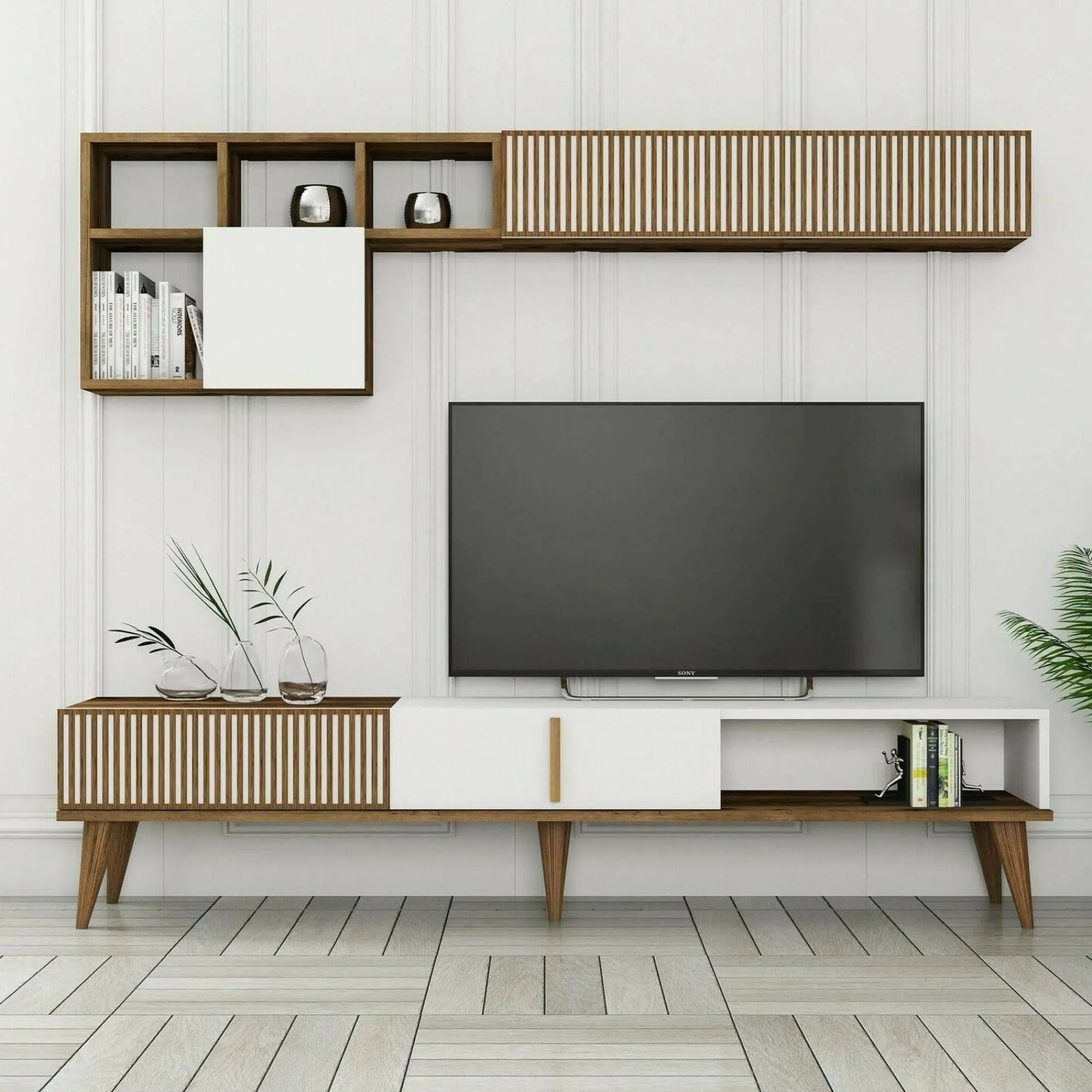Parete attrezzata Ostro, 180x35h40 cm, Noce e Bianco<Dmora Online