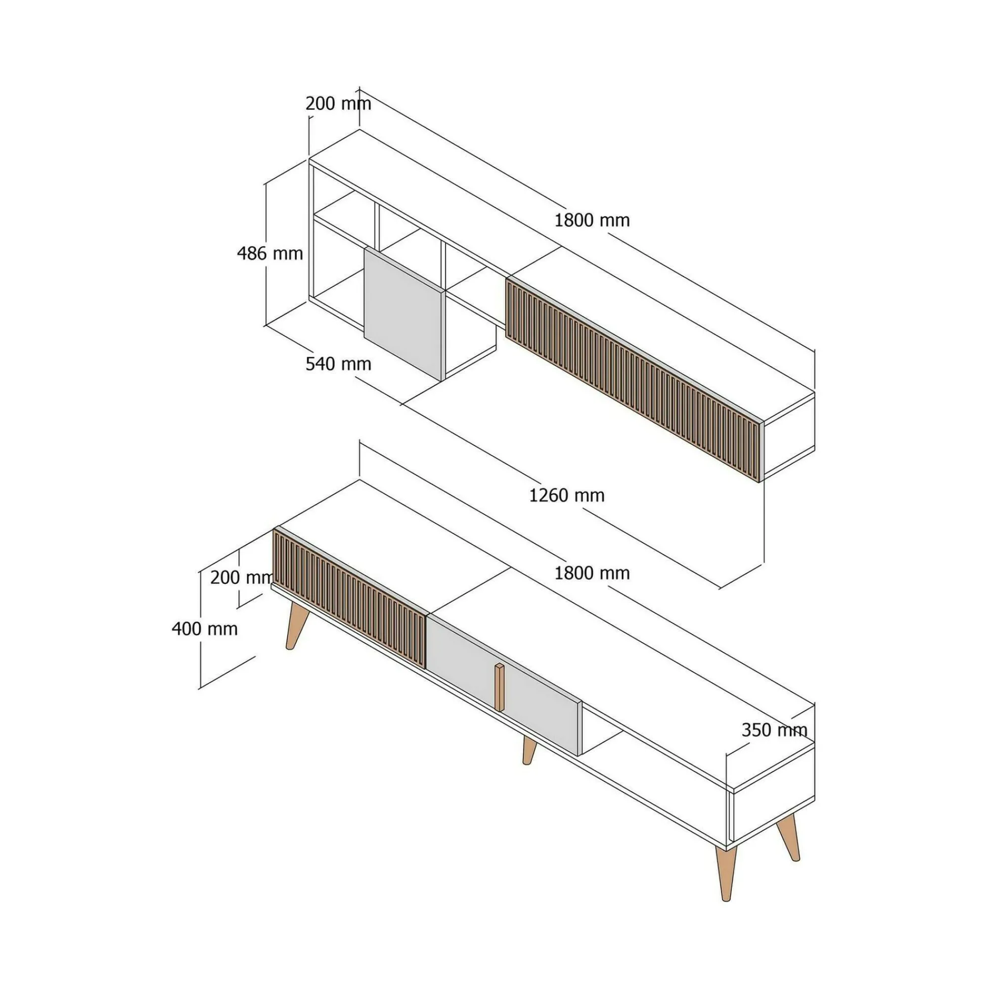 Parete attrezzata Ostro, 180x35h40 cm, Noce e Bianco<Dmora Online