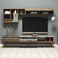 Parete attrezzata Ostro, 180x35h40 cm, Noce e Bianco Marmo<Dmora Discount