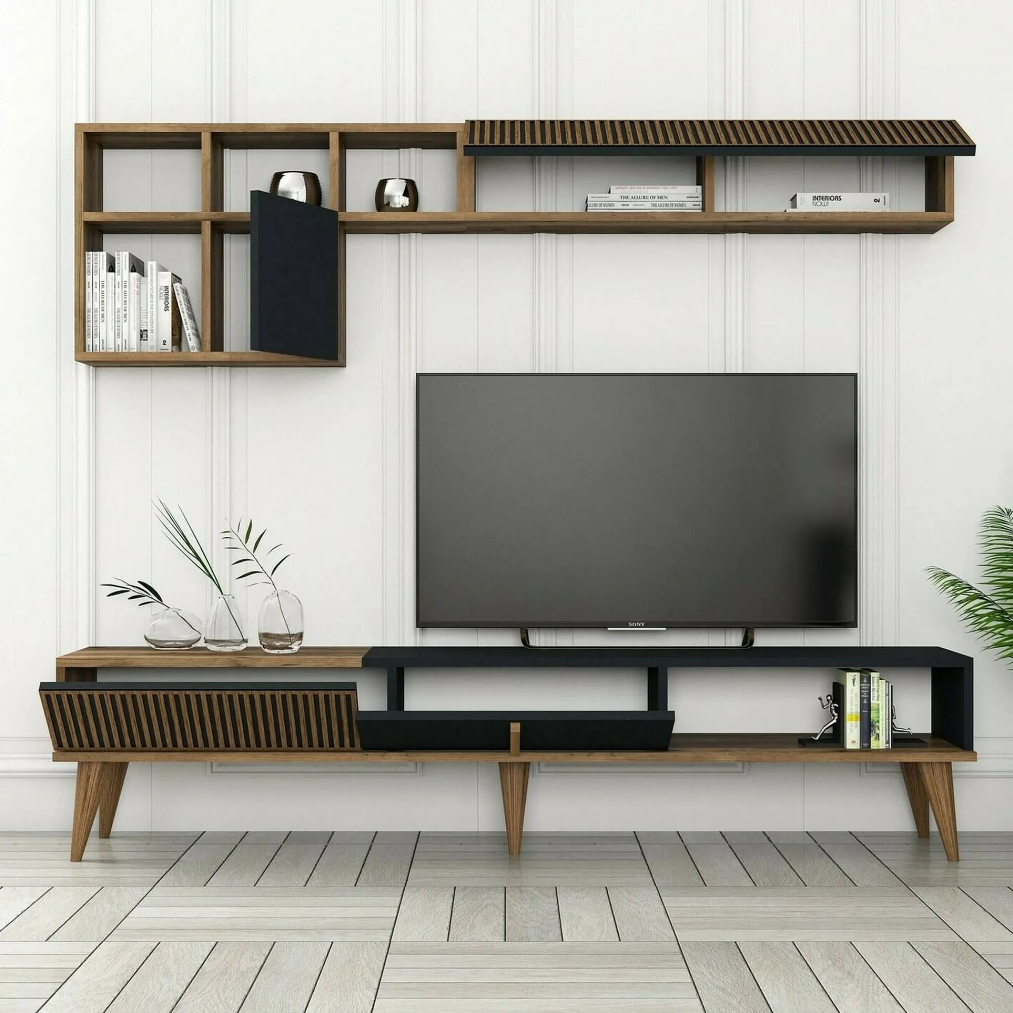 Parete attrezzata Ostro, 180x35h40 cm, Noce e Antracite<Dmora Discount