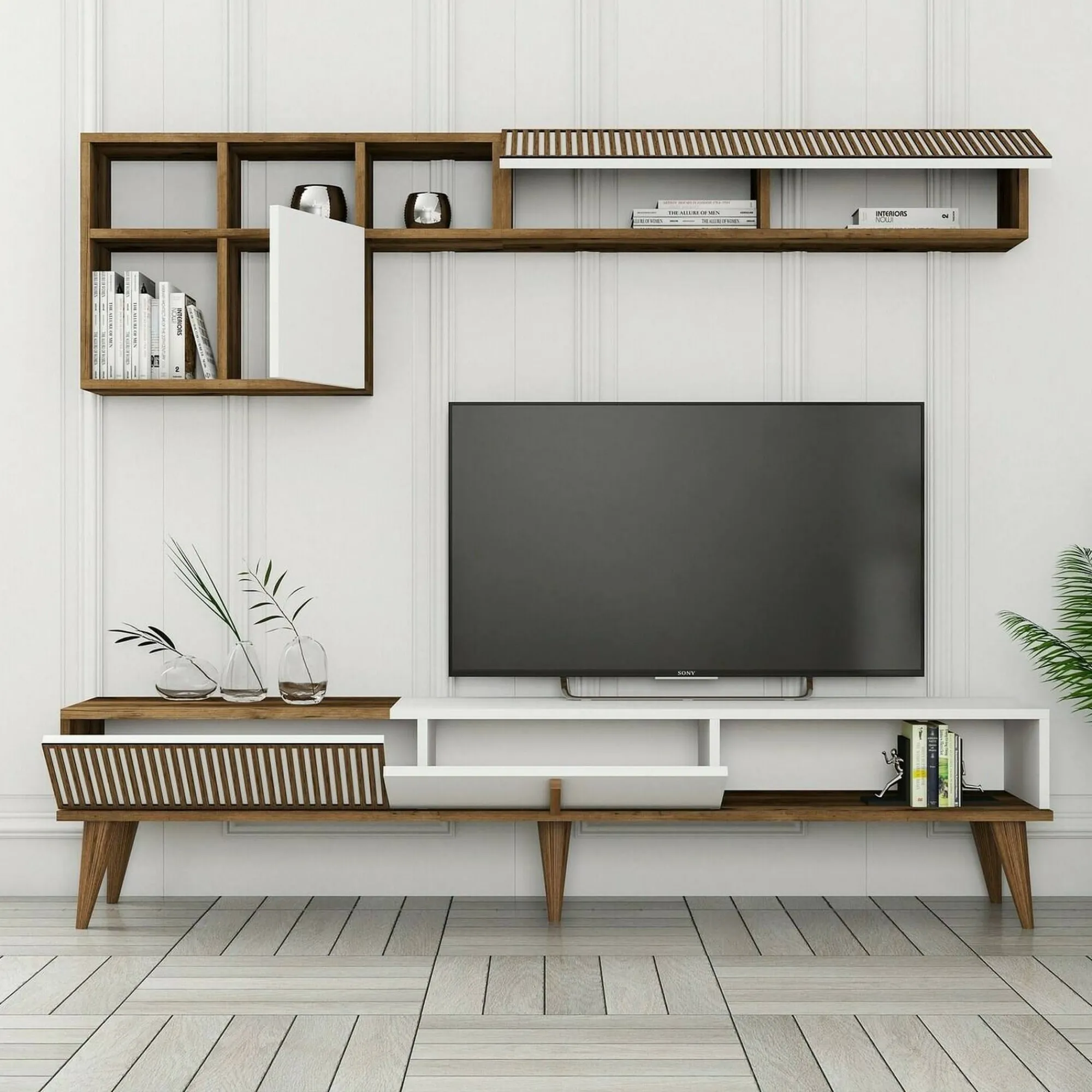 Parete attrezzata Ostro, 180x35h40 cm, Noce e Bianco<Dmora Online