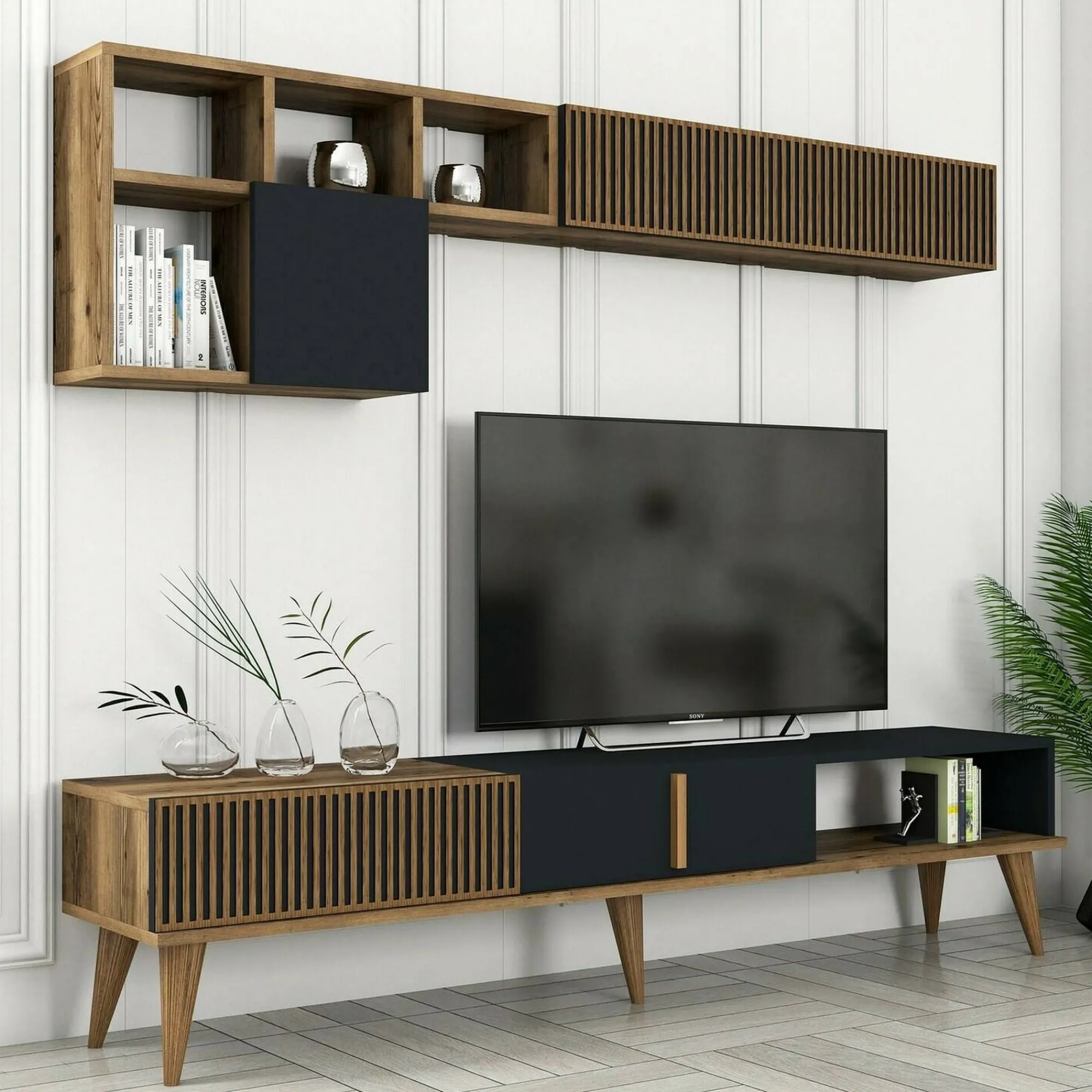 Parete attrezzata Ostro, 180x35h40 cm, Noce e Antracite<Dmora Discount