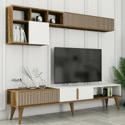 Parete attrezzata Ostro, 180x35h40 cm, Noce e Bianco<Dmora Online