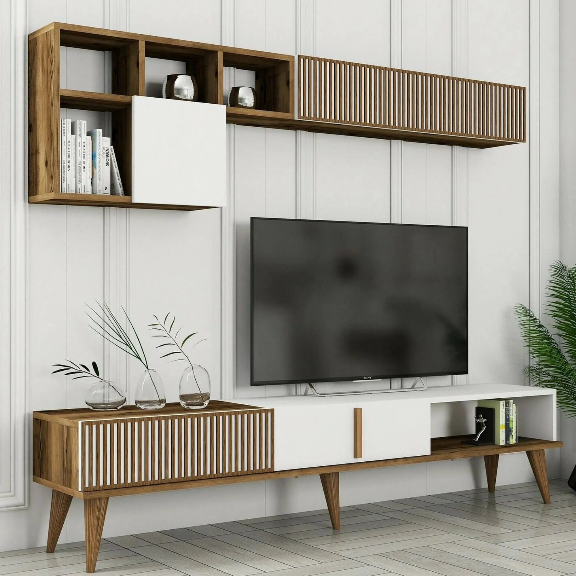 Parete attrezzata Ostro, 180x35h40 cm, Noce e Bianco<Dmora Online