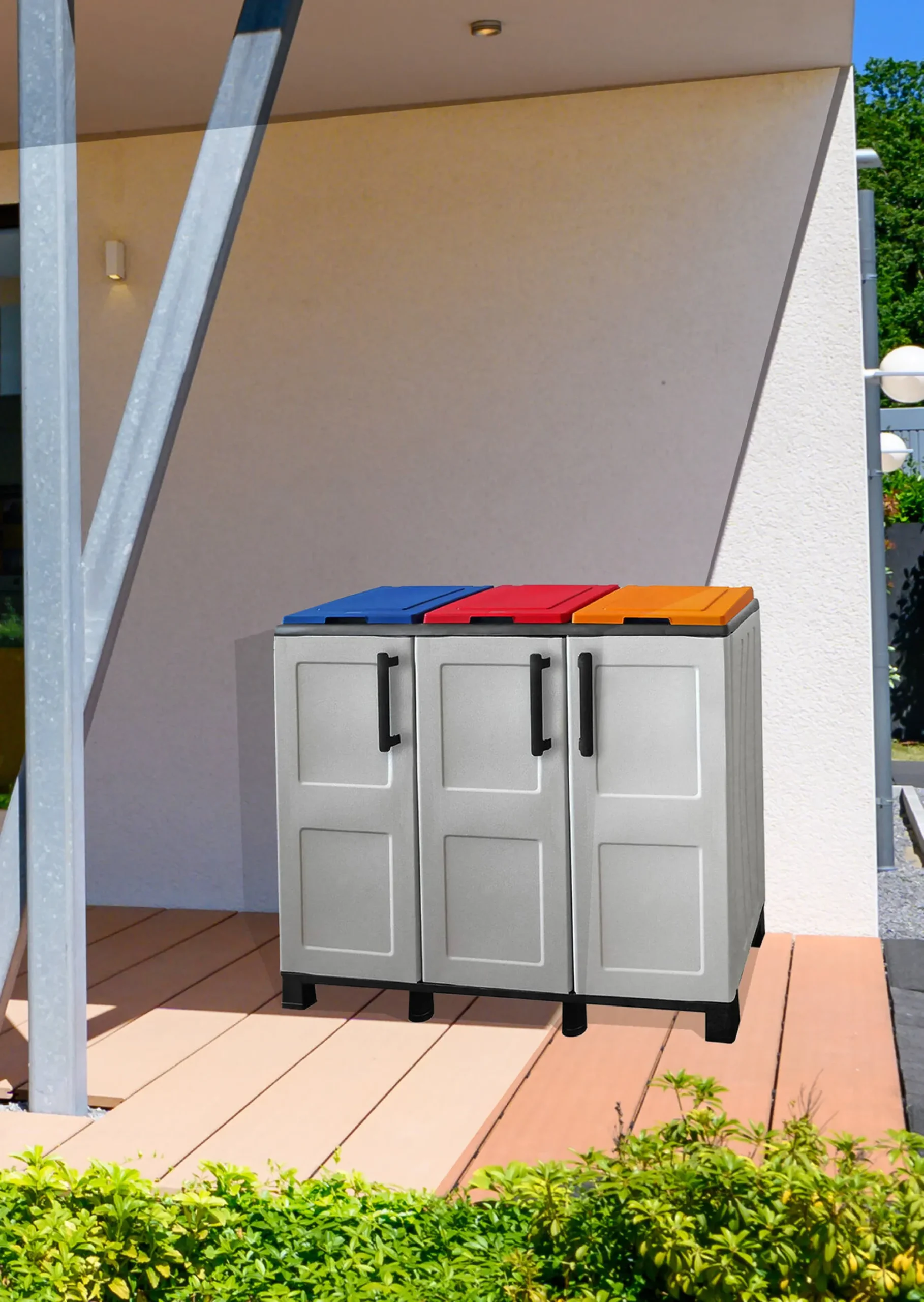 Pattumiera Anthea, 102x37h90 cm, Grigio chiaro e Multicolore a 3 ante<Dmora Shop