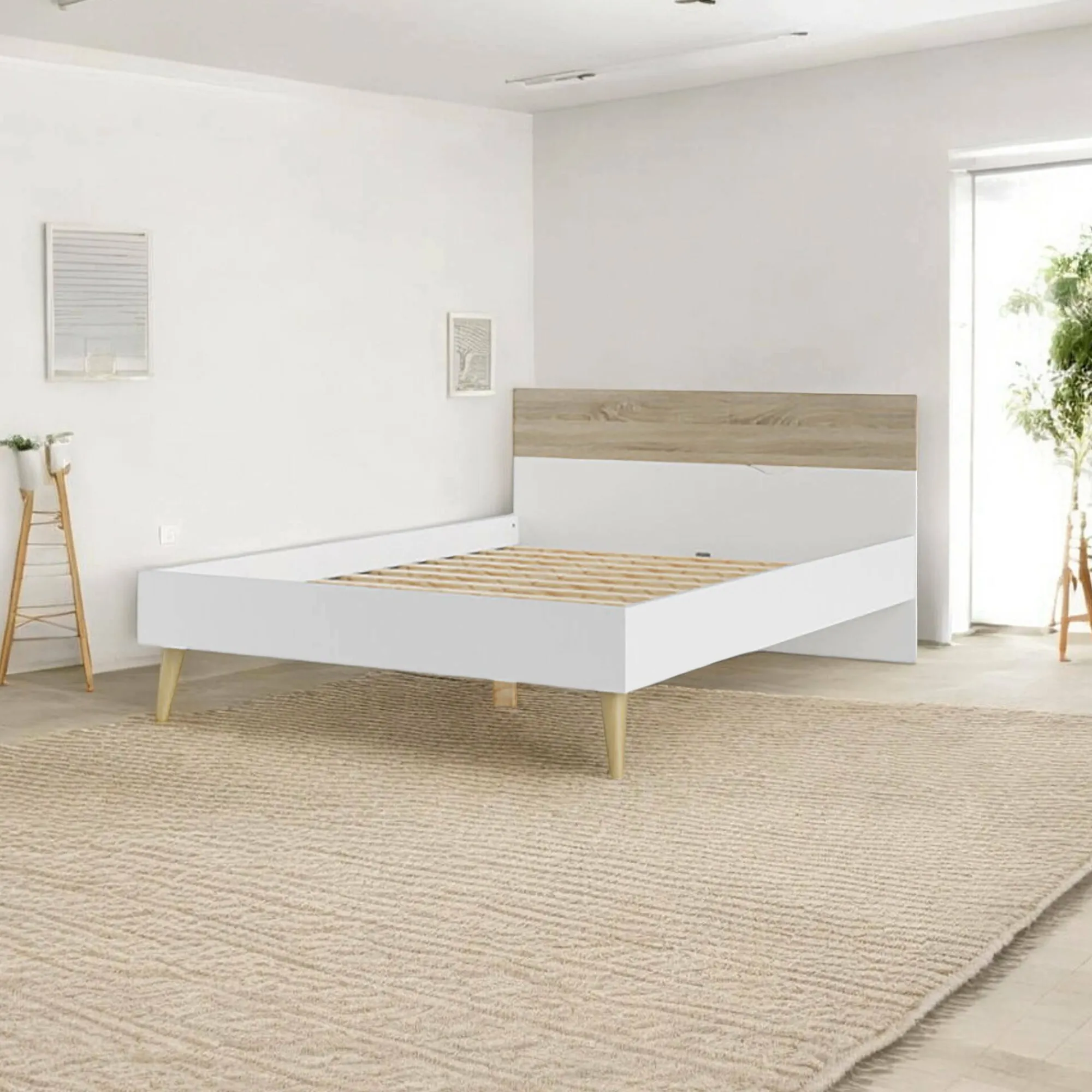 Rete letto singolo Avio, 146x197 h84 cm, Bianco e Quercia<Dmora Clearance