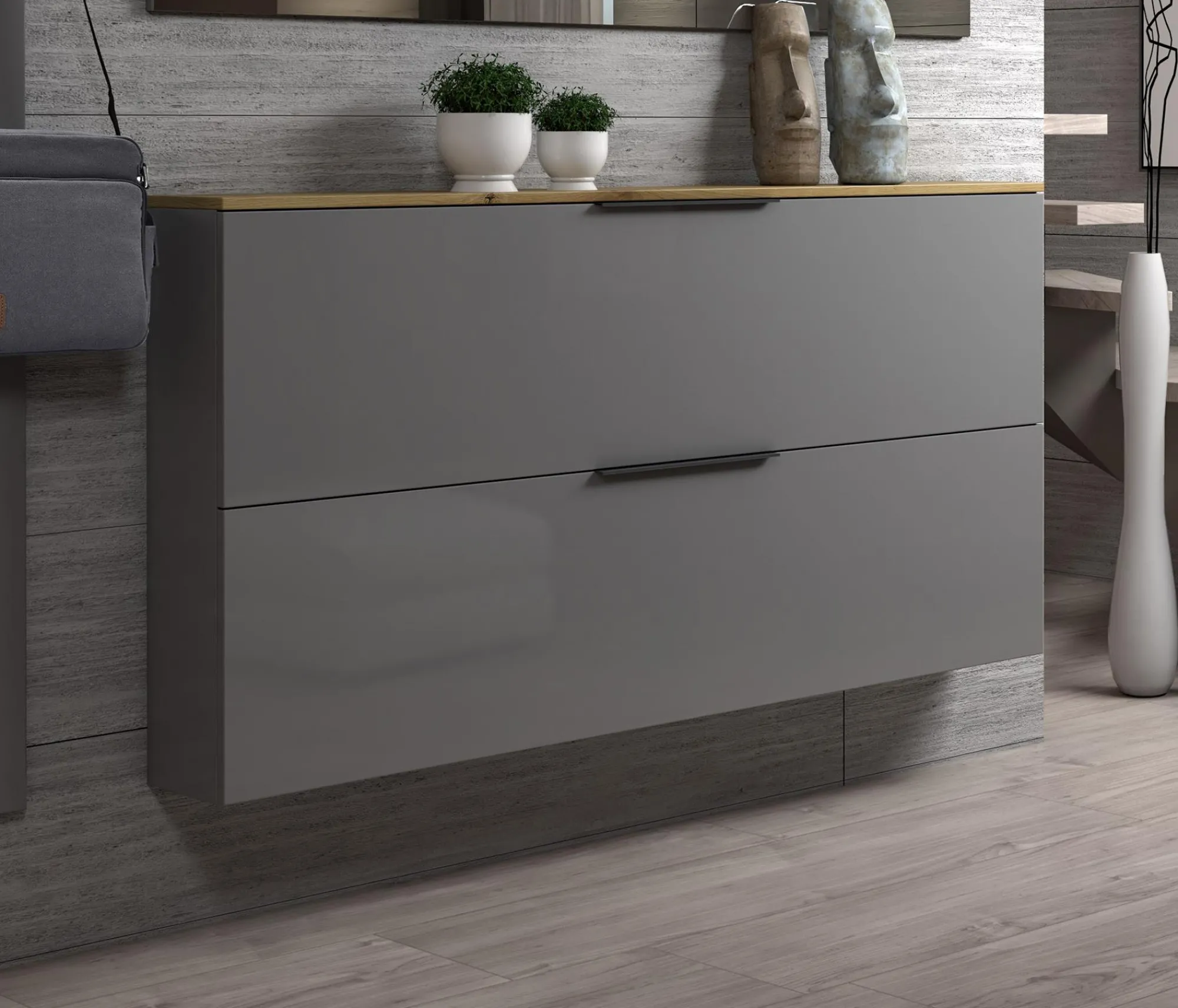 Scarpiera Achiko, 160x19h80 cm, Antracite lucido e Rovere<Dmora Best Sale