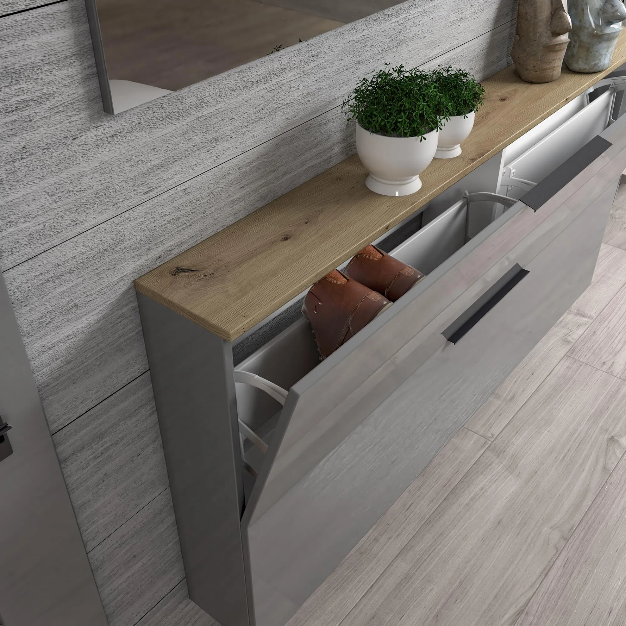 Scarpiera Achiko, 160x19h80 cm, Antracite lucido e Rovere<Dmora Best Sale