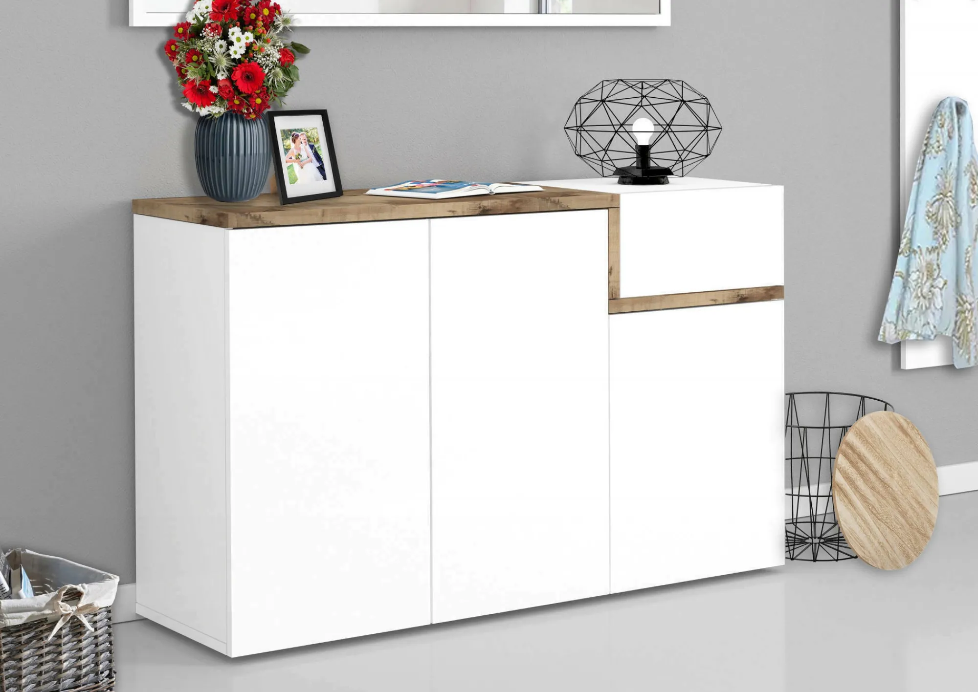 Scarpiera Anist, cm 120x40h80, Bianco lucido e Acero<Dmora Hot