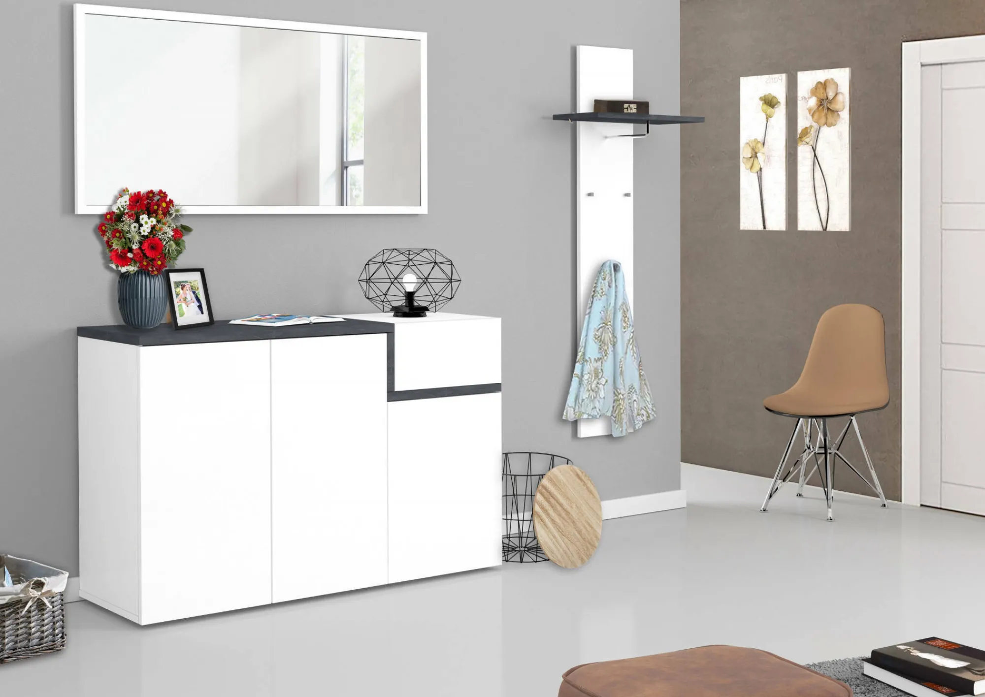Scarpiera Anist, cm 120x40h80, Bianco lucido e Ardesia<Dmora Hot