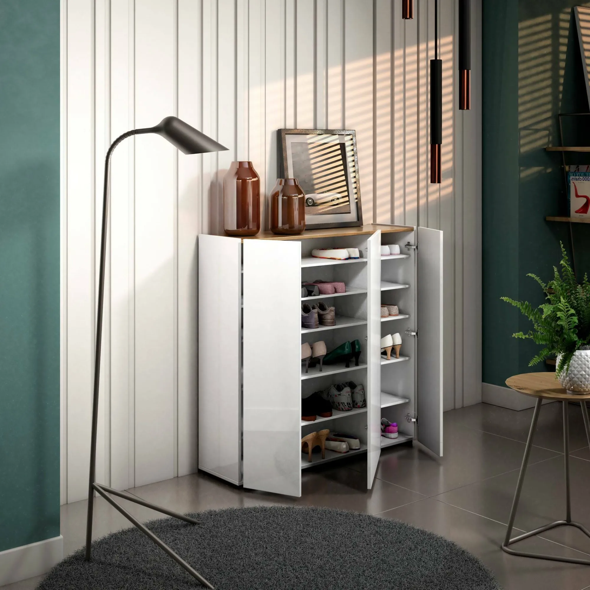 Scarpiera Arrone, 116x35h115 cm, Bianco lucido e Rovere<Dmora Store