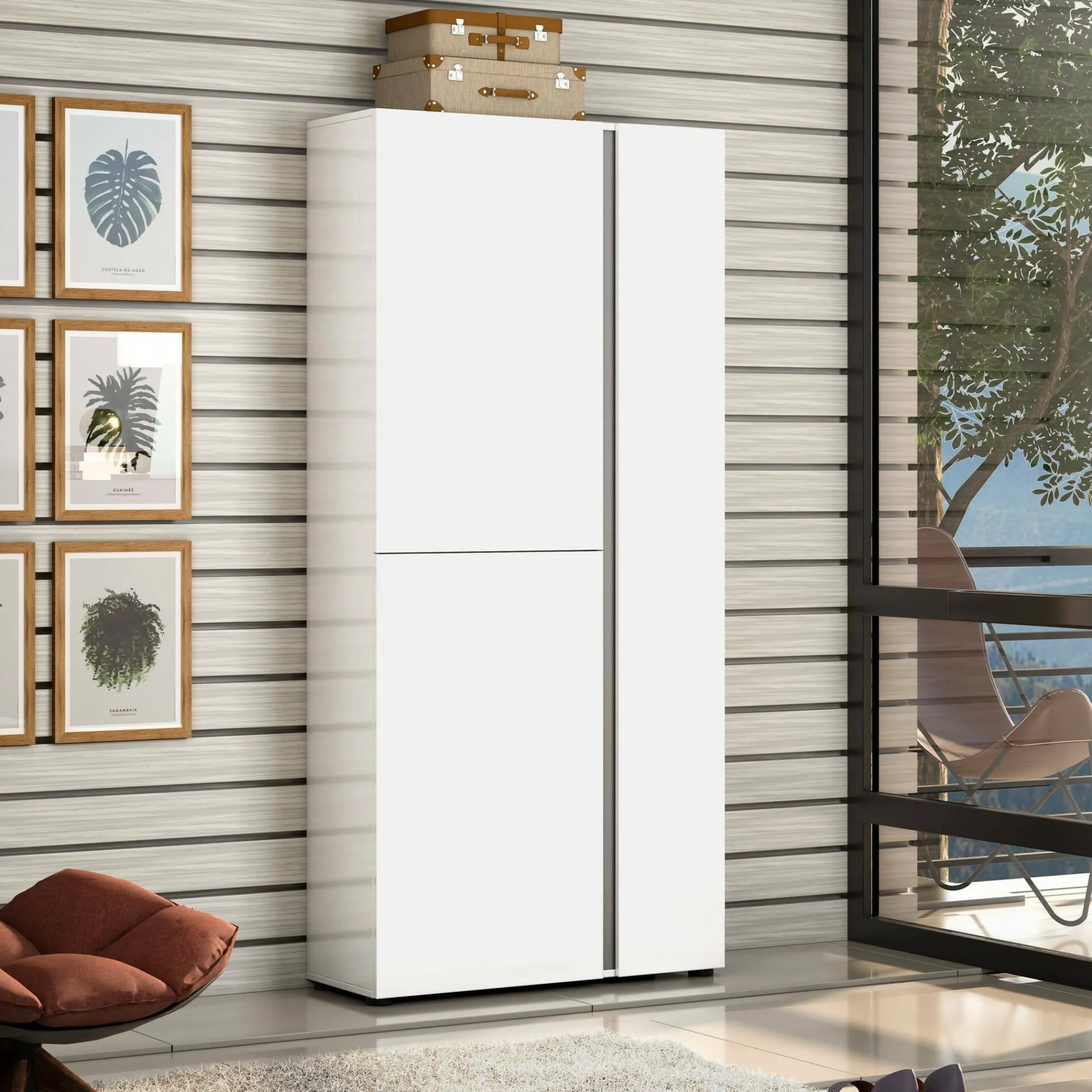 Scarpiera Arthus, 91x33h196 cm, Bianco lucido e Antracite<Dmora Outlet