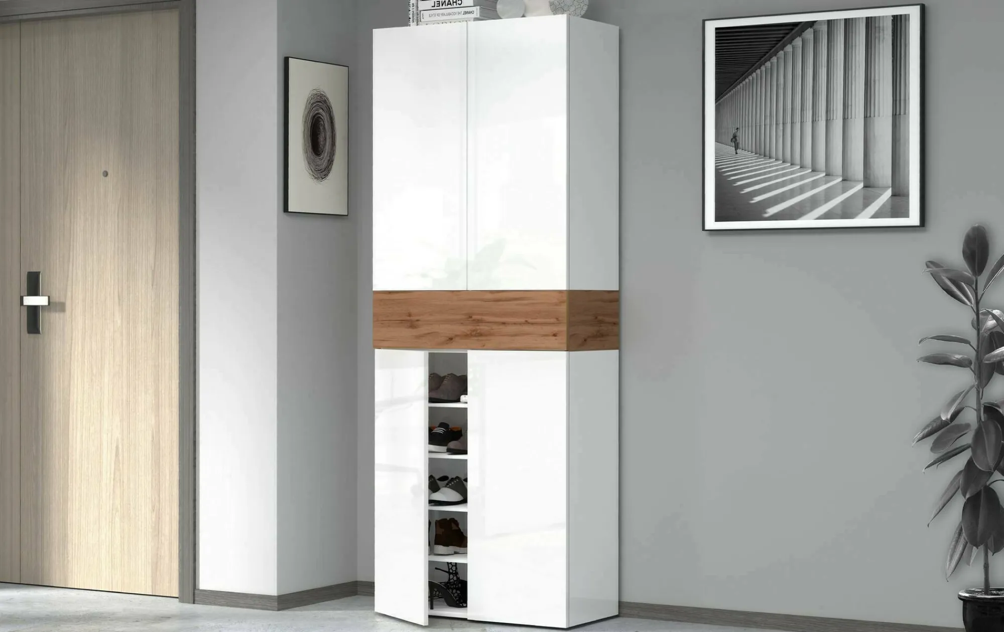 Scarpiera Asklol, 76x38h200 cm, Bianco e Rovere<Dmora Online