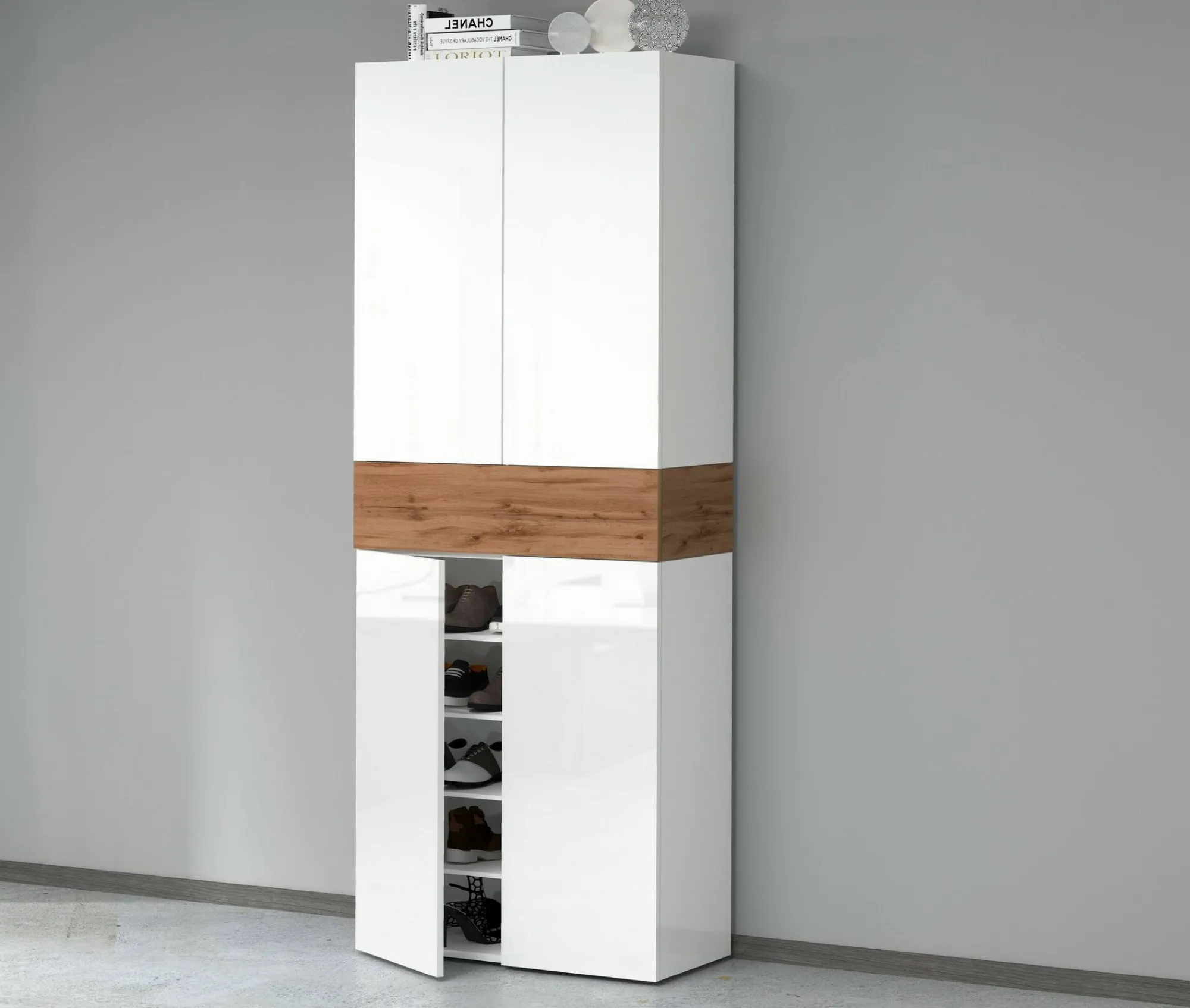 Scarpiera Asklol, 76x38h200 cm, Bianco e Rovere<Dmora Online