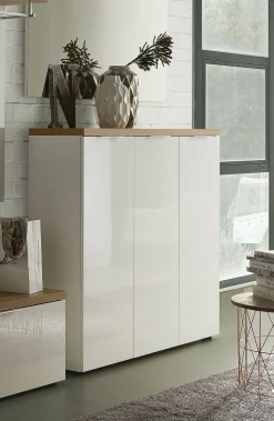 Scarpiera Aspidistra, 122x34h115 cm, Bianco lucido e Rovere<Dmora Shop