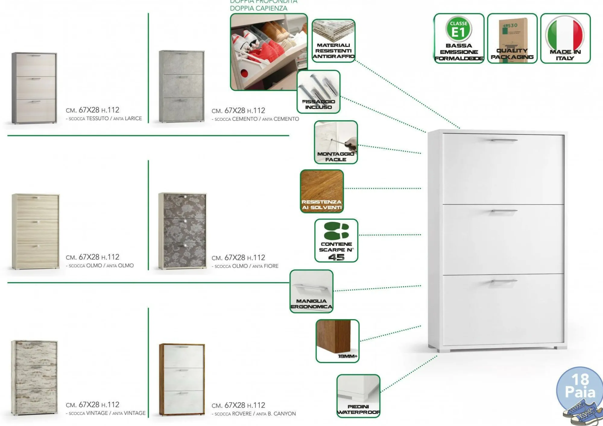 Scarpiera Axinite, 67x28h112 cm, Bianco e Rovere<Dmora Sale