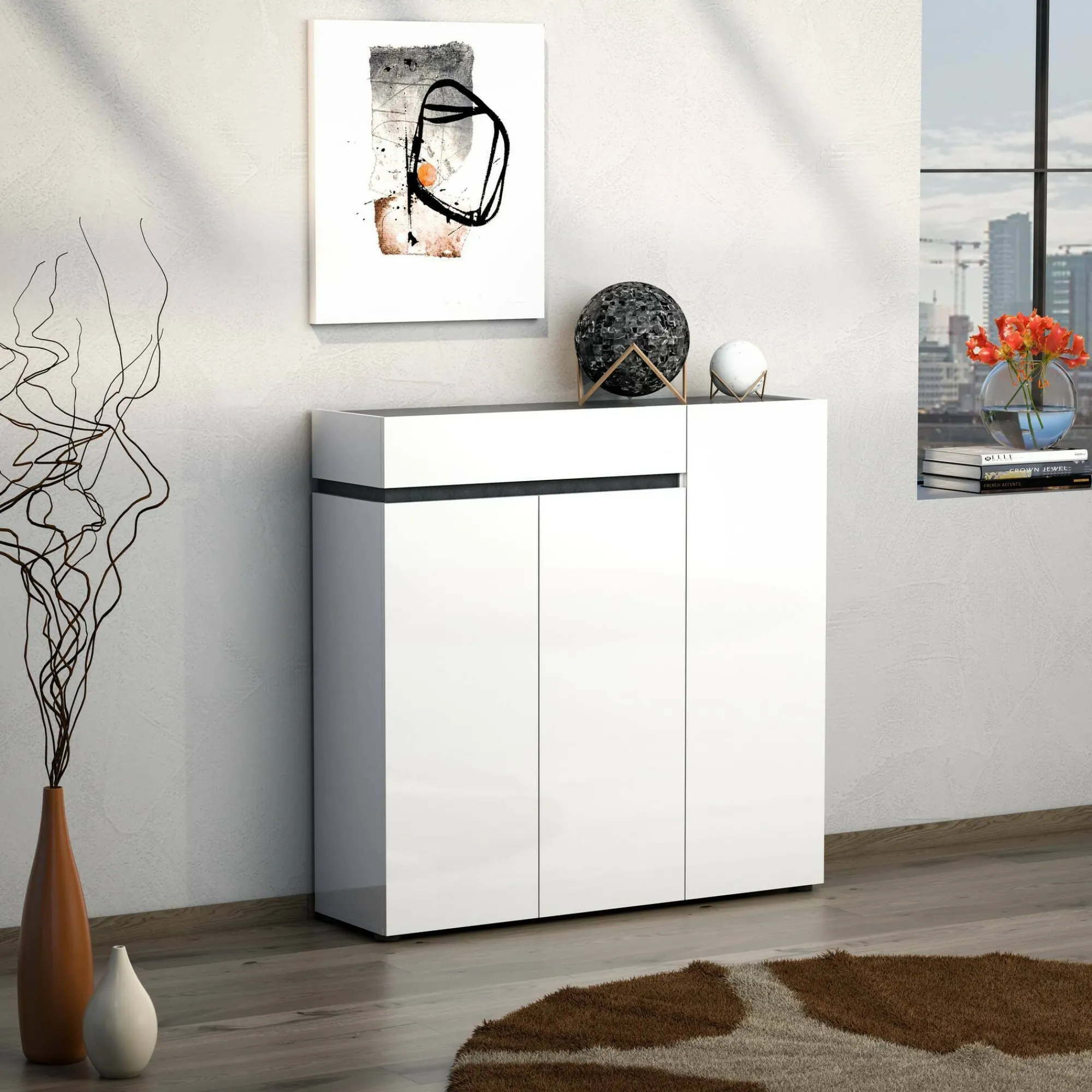 Scarpiera Dbontacchi, 120x34h115 cm, Bianco lucido e Antracite<Dmora Outlet