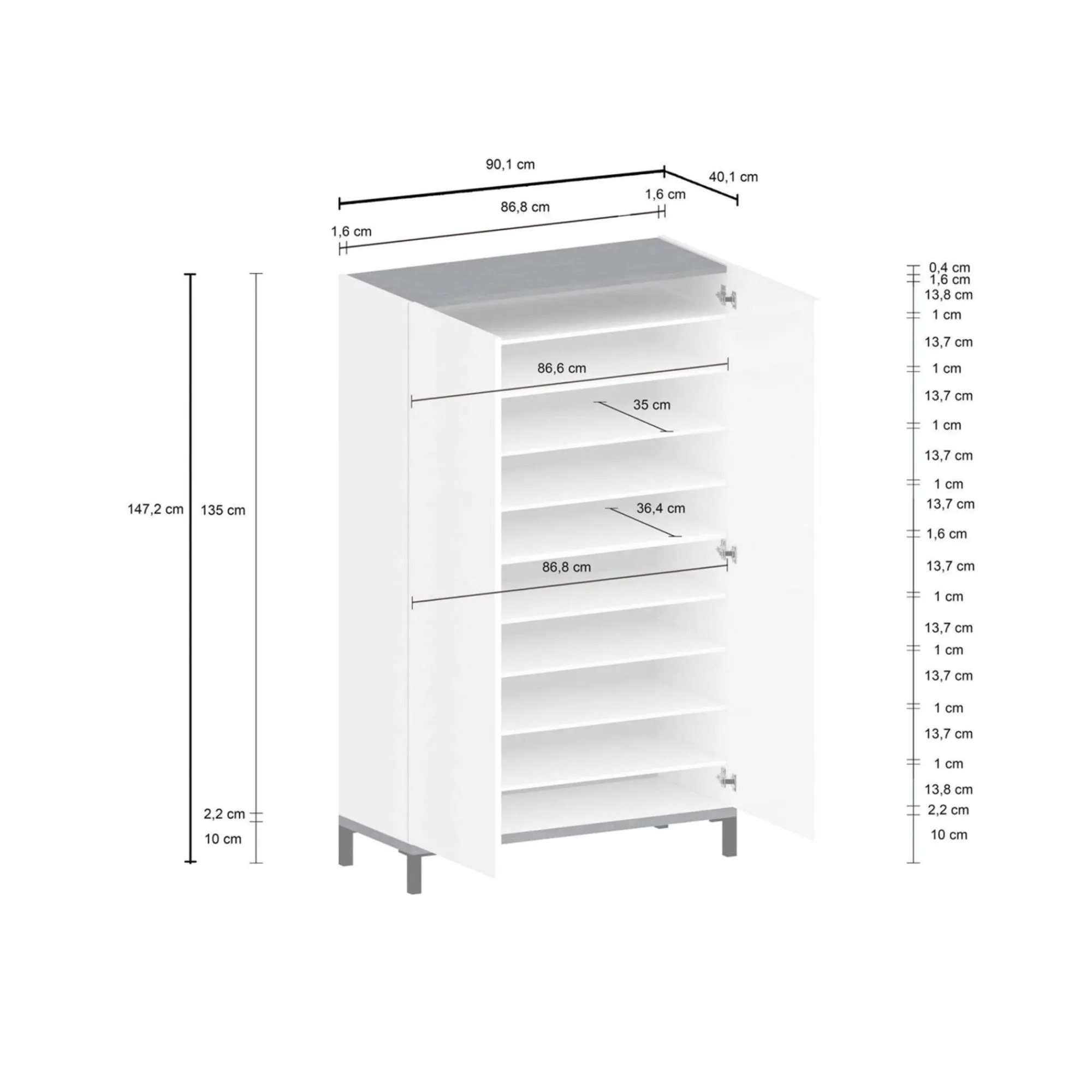 Scarpiera Dbrenza, cm 90x40h147, Bianco lucido e Ardesia<Dmora Hot