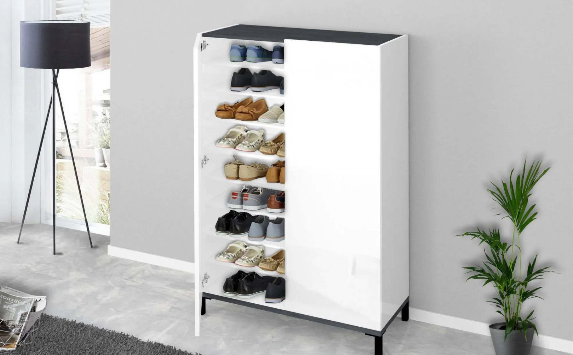 Scarpiera Dbrenza, cm 90x40h147, Bianco lucido e Ardesia<Dmora Hot