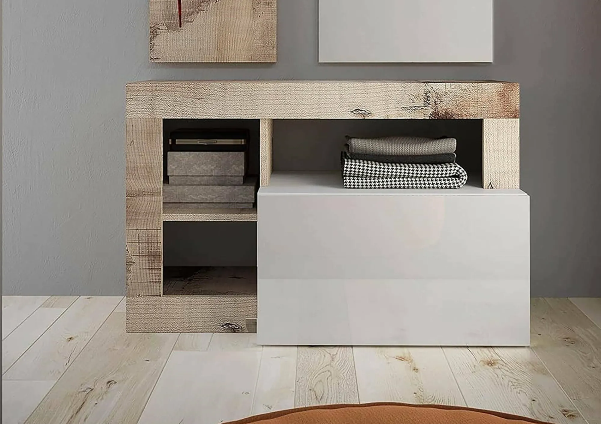 Scarpiera Ddewinte, 91x35 h58 cm, Bianco lucido e Acacia<Dmora Fashion