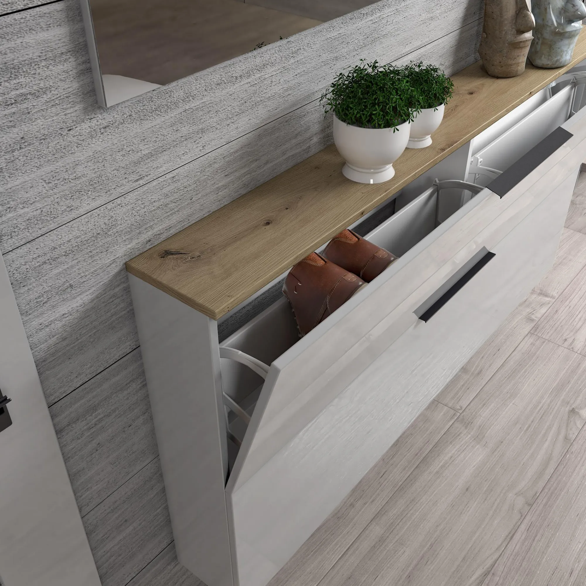 Scarpiera Dfurlanett, 160x19h80 cm, Bianco lucido e Rovere<Dmora Flash Sale