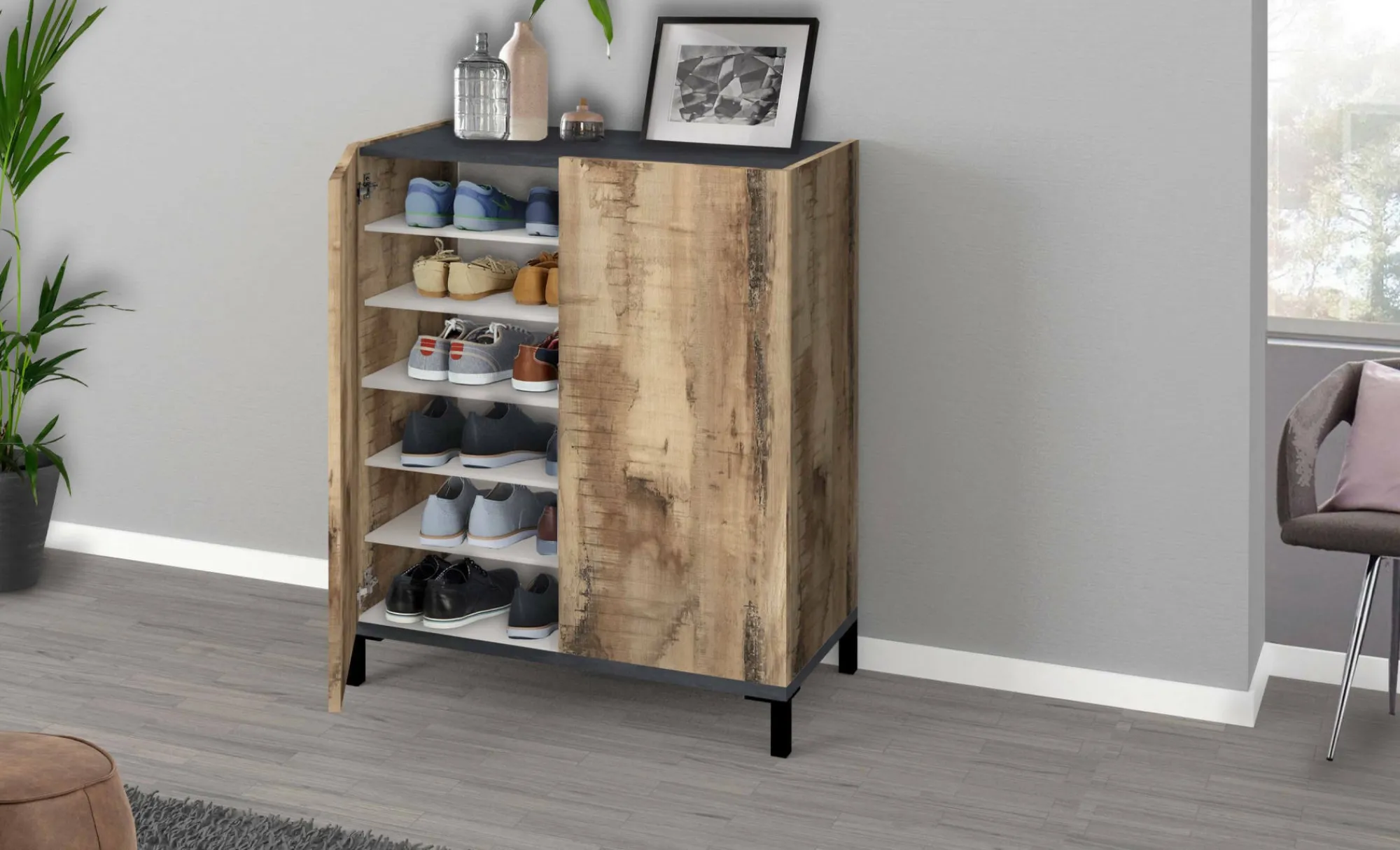 Scarpiera Dlanin, cm 90x40h102, Ardesia e Acero<Dmora Sale