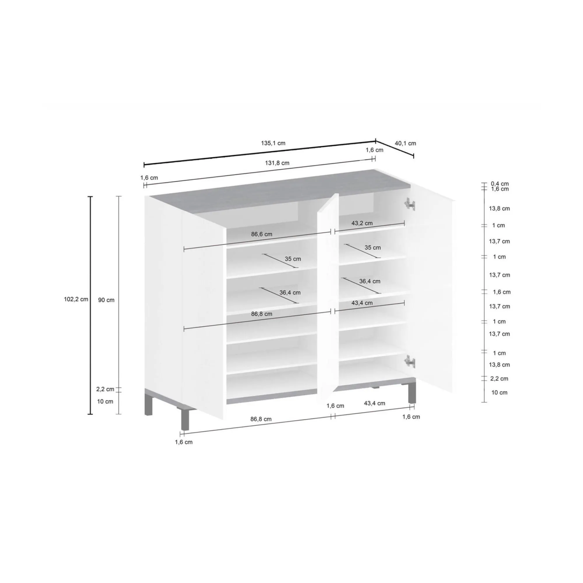 Scarpiera Dmas, cm 135x40h102, Bianco lucido e Ardesia<Dmora Clearance